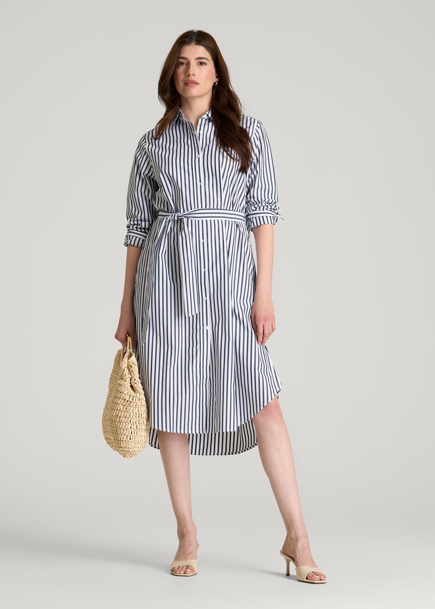 Relaxed Poplin Shirtdress for Tall Women in White and Navy Stripe