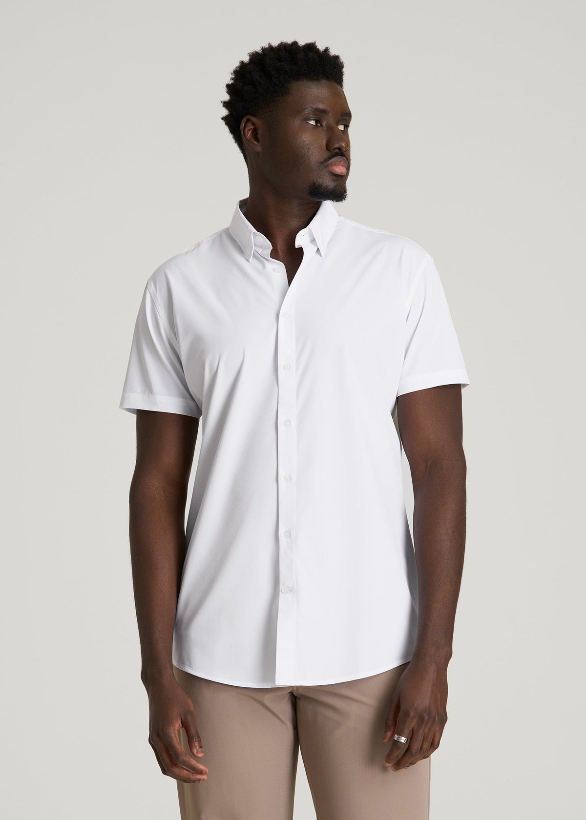 Short Sleeve Traveler Stretch Button Shirt for Tall Men in White