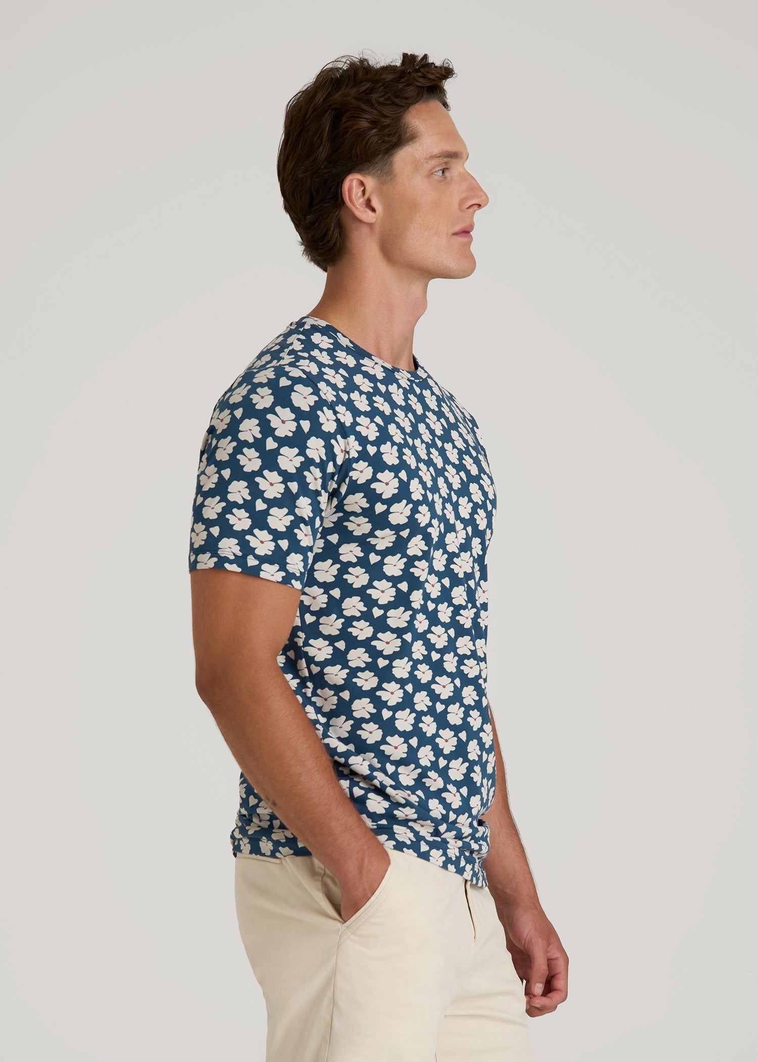 Stretch Pima Cotton Printed Tee for Tall Men in Bright Blue Floral