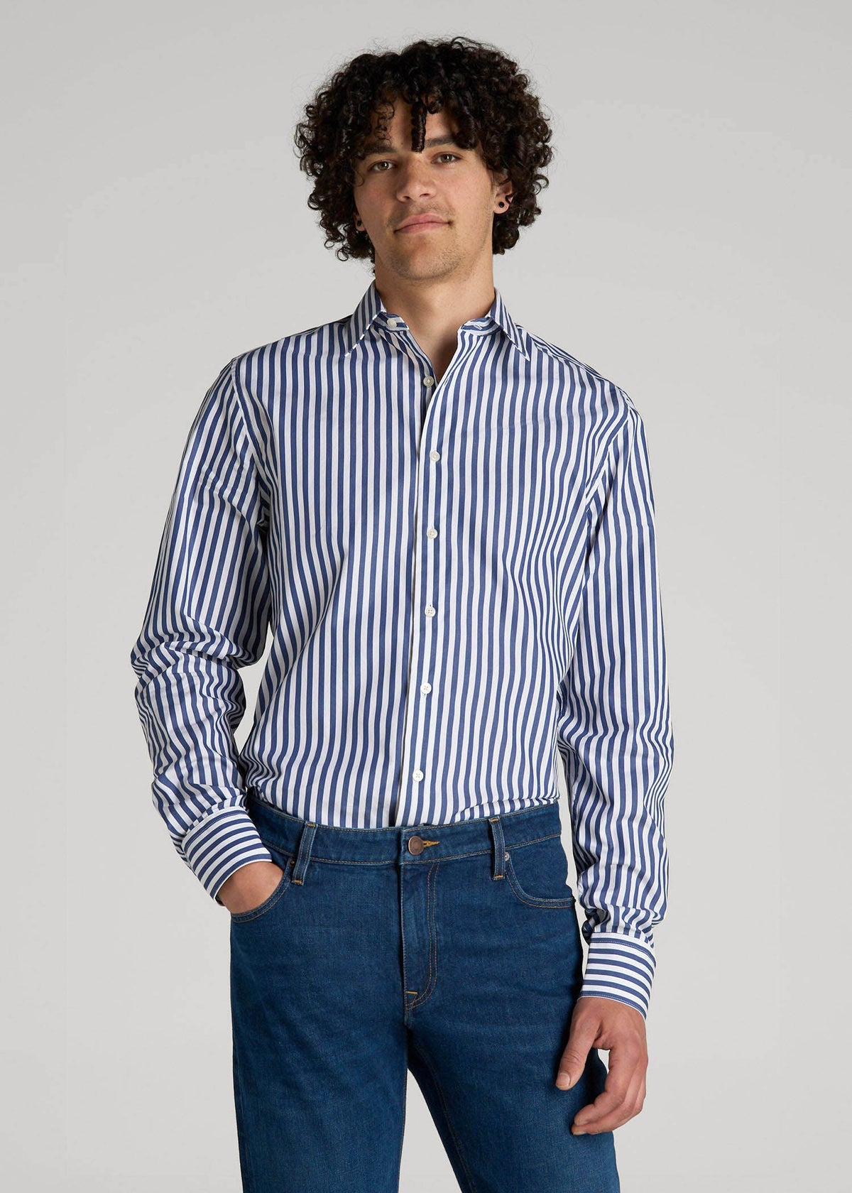 Premium Dress Shirt for Tall Men in Bold Blue Stripe