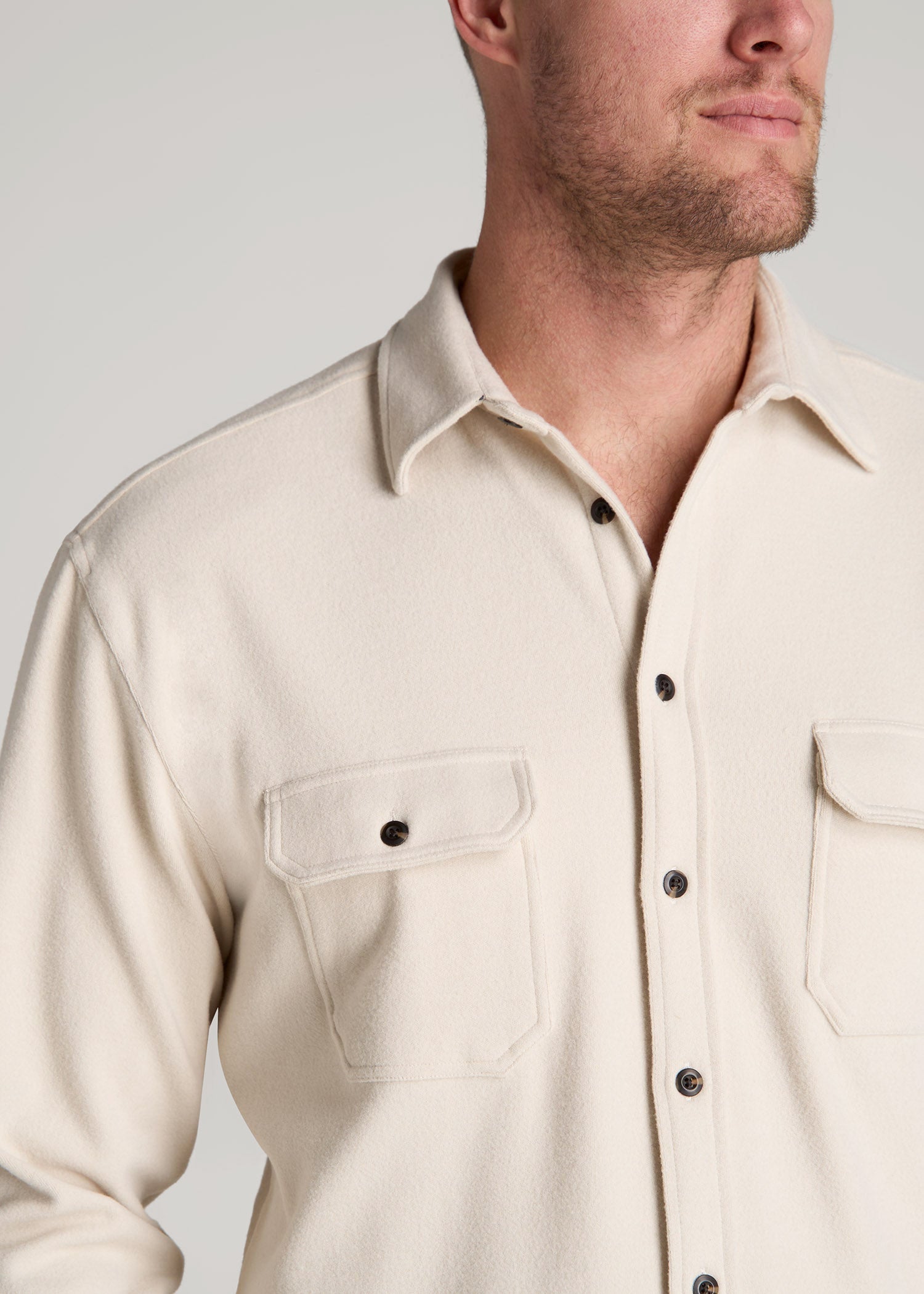 Stretch Flannel Button Shirt for Tall Men in Soft Beige