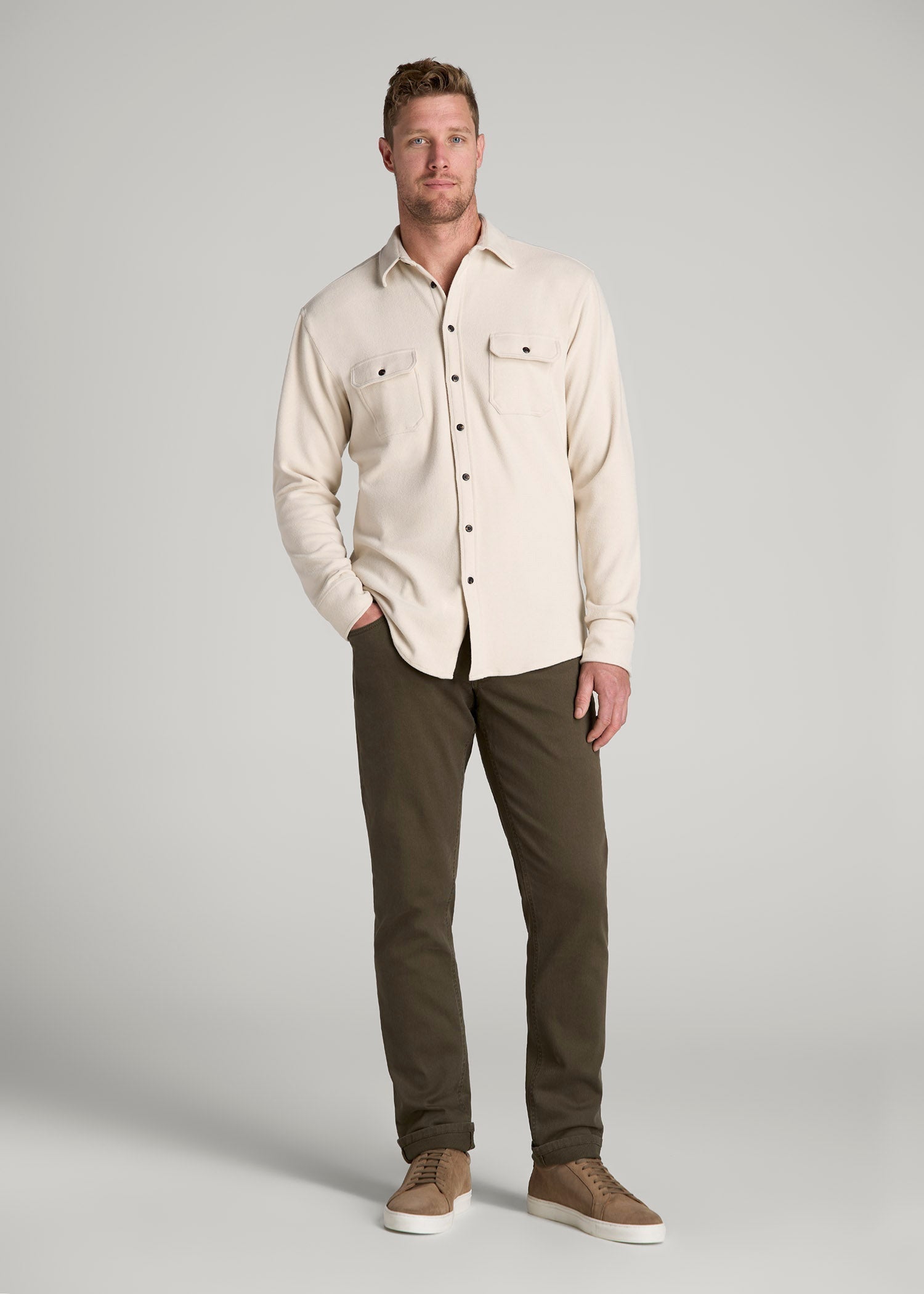 Stretch Flannel Button Shirt for Tall Men in Soft Beige