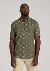 Seersucker Short Sleeve Shirt for Tall Men in Olive and Beige Floral