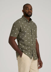 Seersucker Short Sleeve Shirt for Tall Men in Olive and Beige Floral