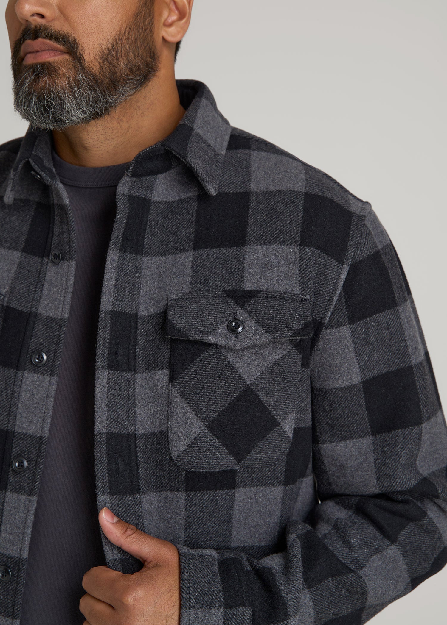 LJ&S Wool Blend Shirt Jacket for Tall Men in Black and Grey Check