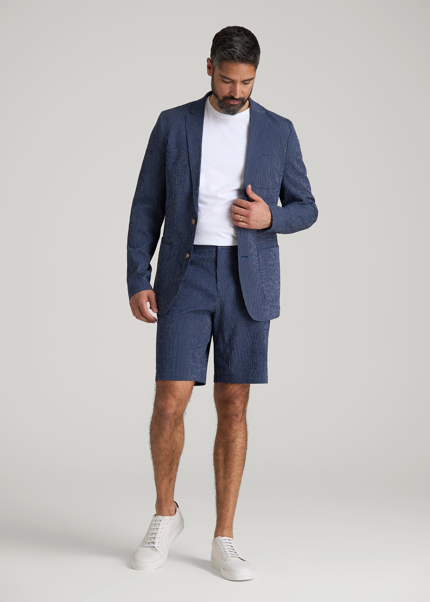 Stretch Seersucker Blazer for Tall Men in Navy and Off White Stripe
