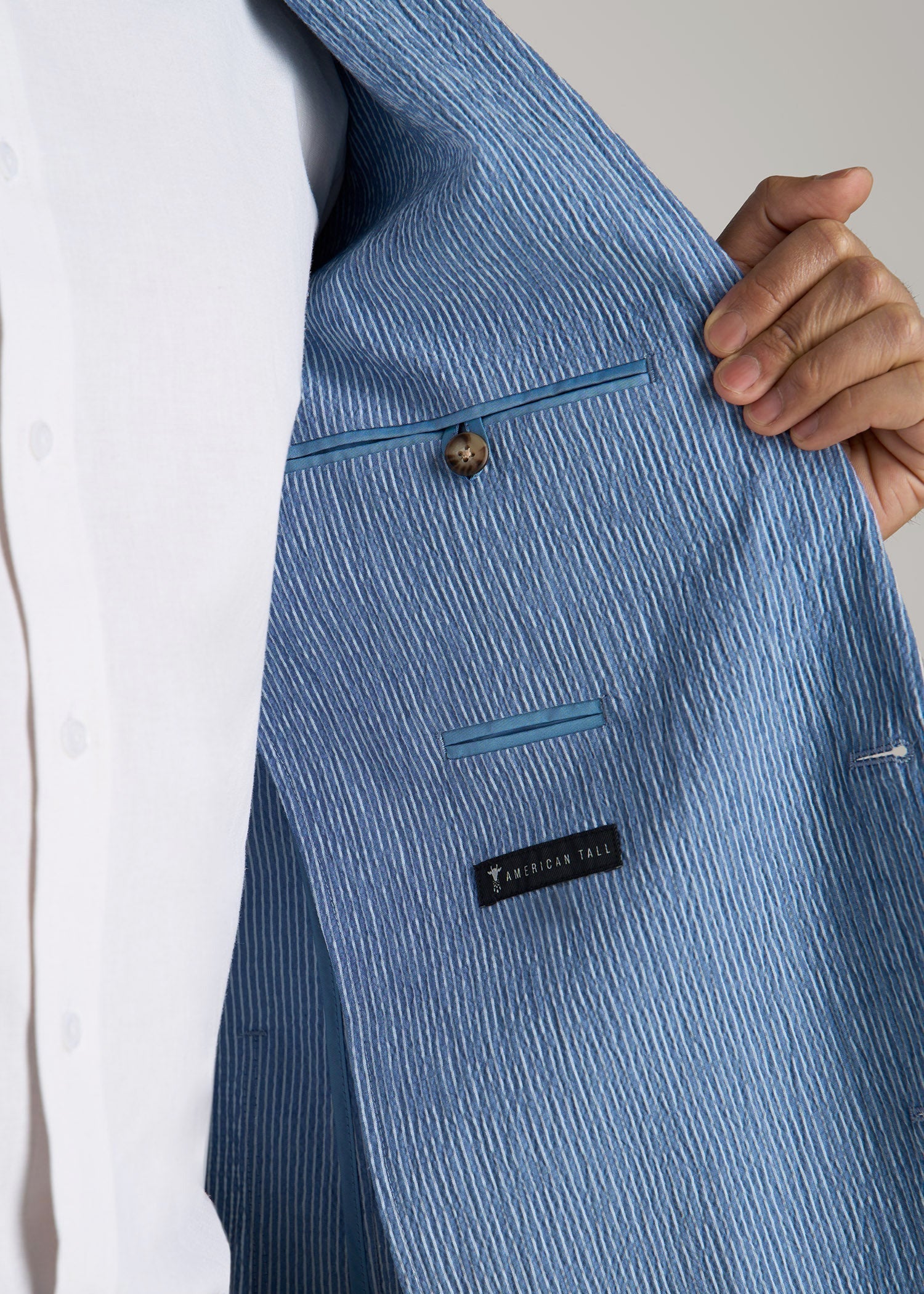 Stretch Seersucker Blazer for Tall Men in Tonal Blue Stripe