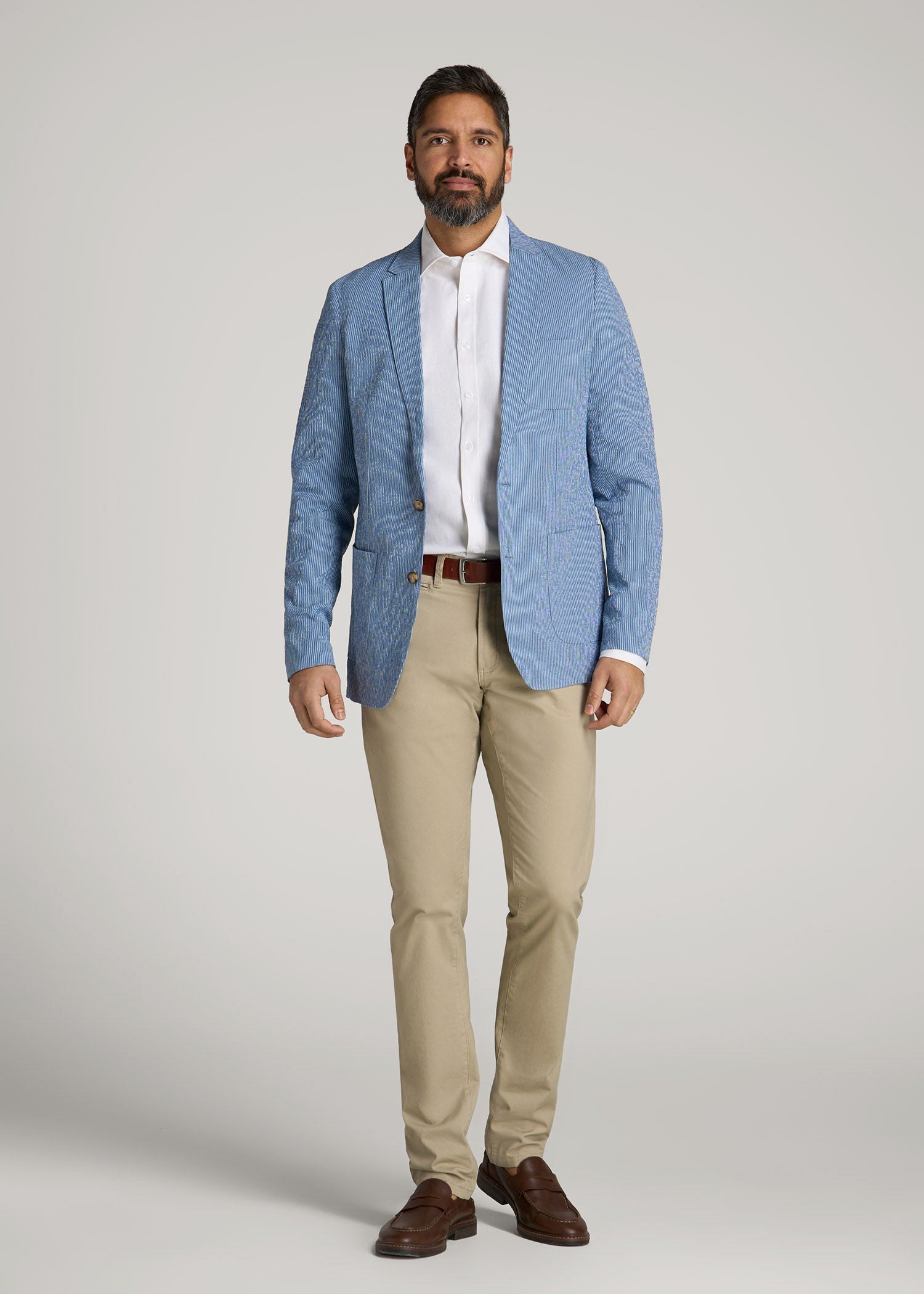 Stretch Seersucker Blazer for Tall Men in Tonal Blue Stripe