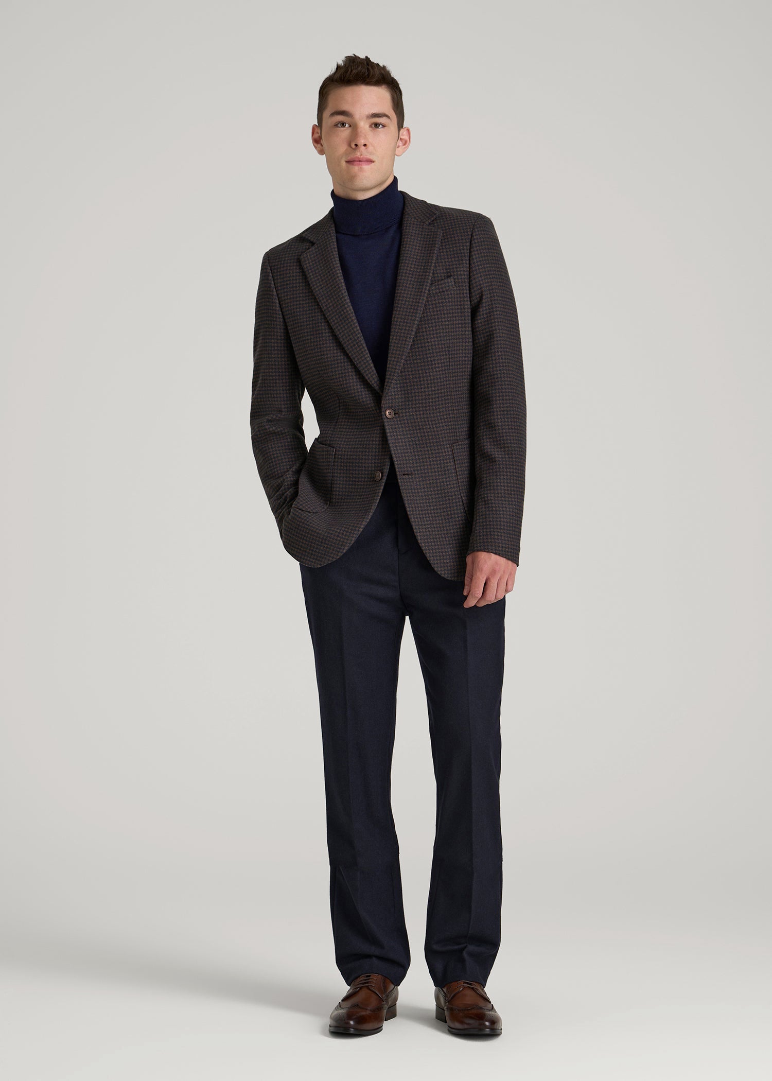 Wool Blend Blazer for Tall Men in Indigo and Brown Houndstooth