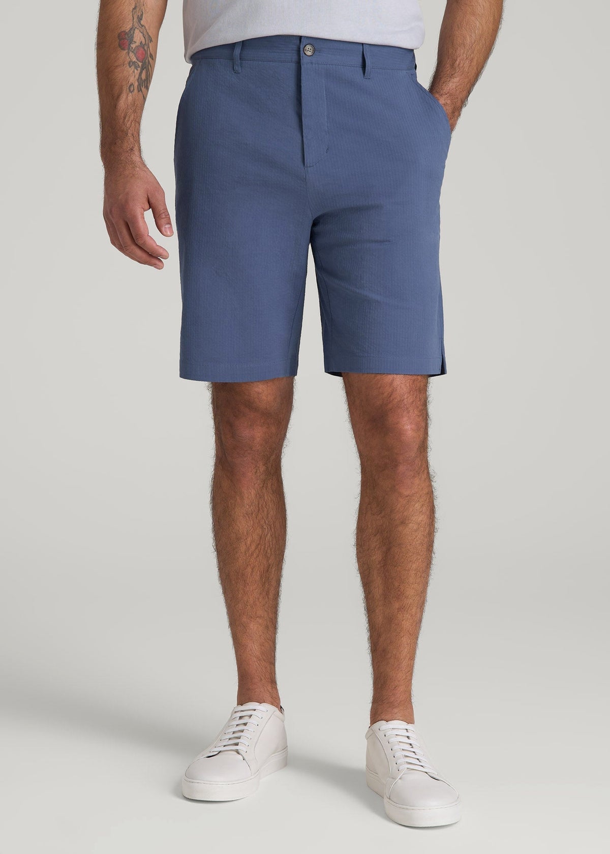 Seersucker Shorts for Tall Men in Steel Blue