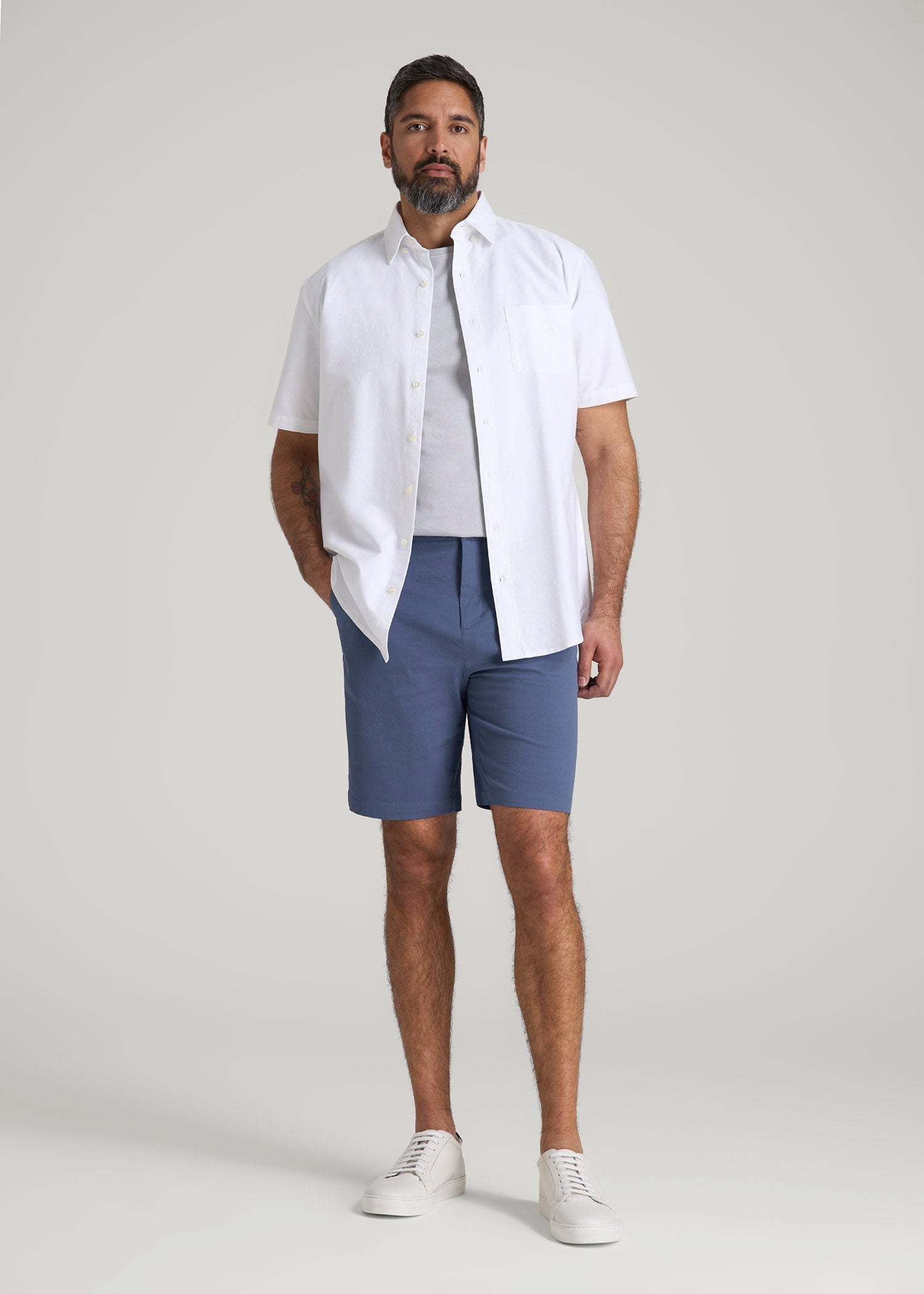 Seersucker Shorts for Tall Men in Steel Blue