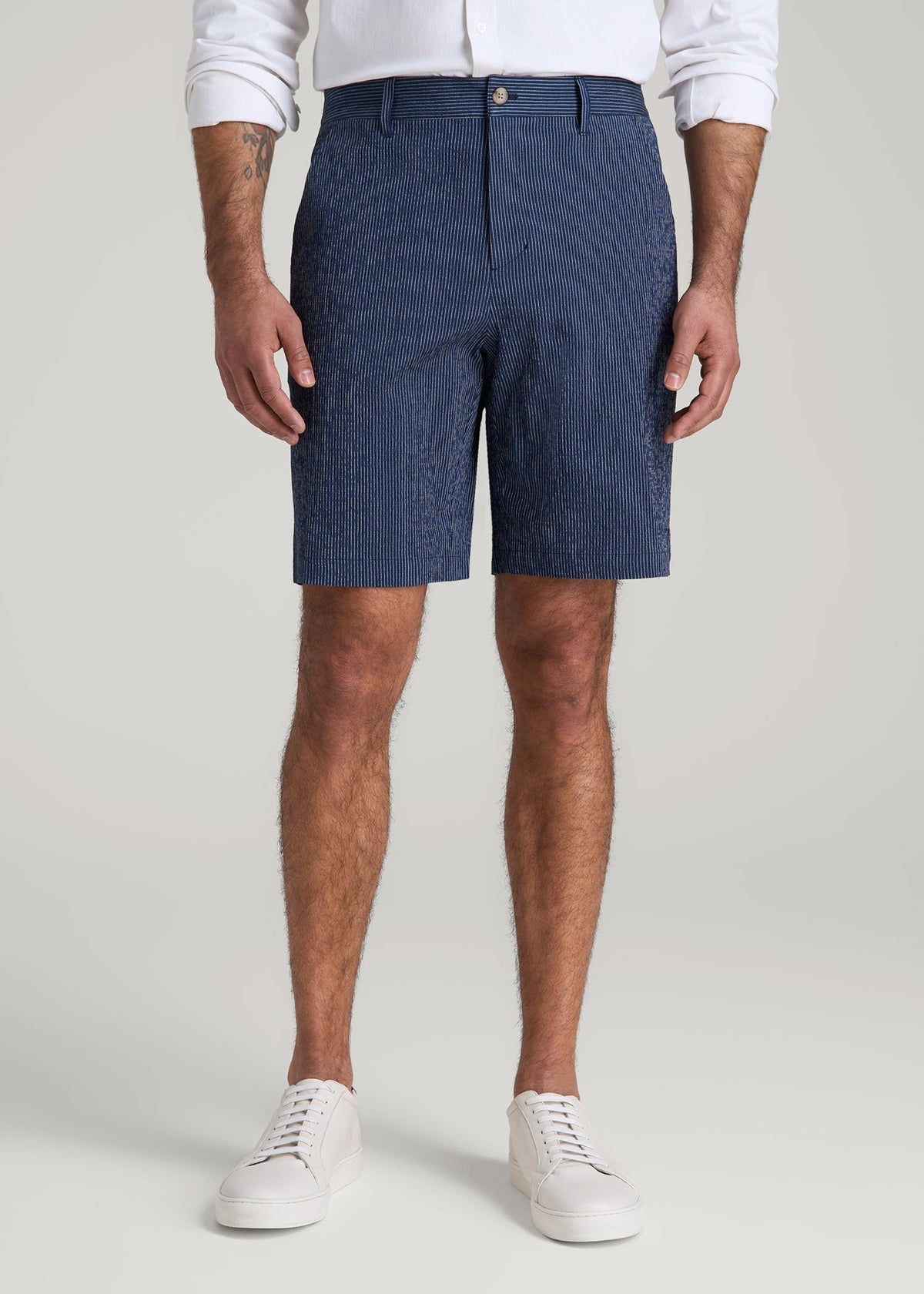 Seersucker Shorts for Tall Men in Navy and Off White Stripe