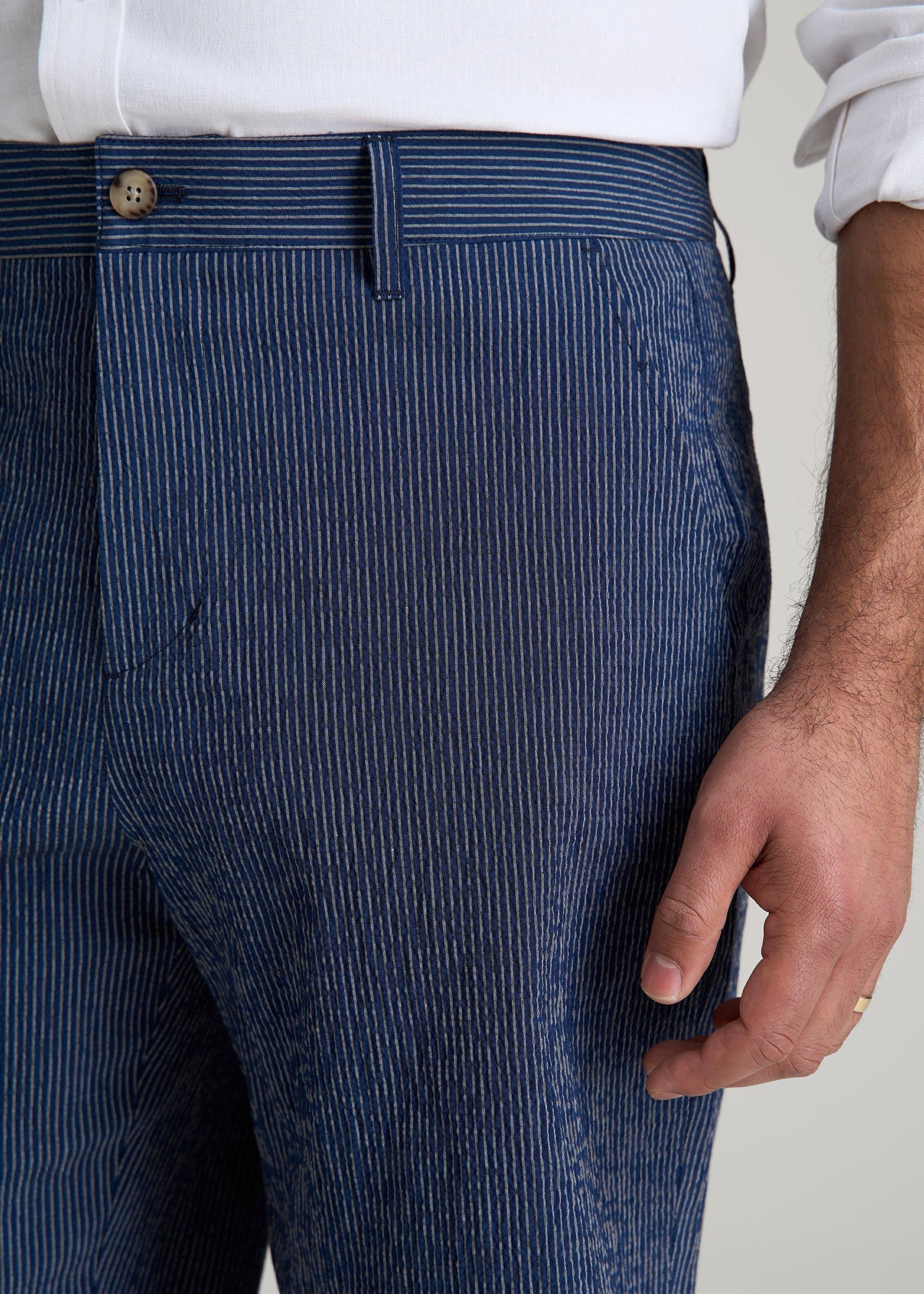Seersucker Shorts for Tall Men in Navy and Off White Stripe