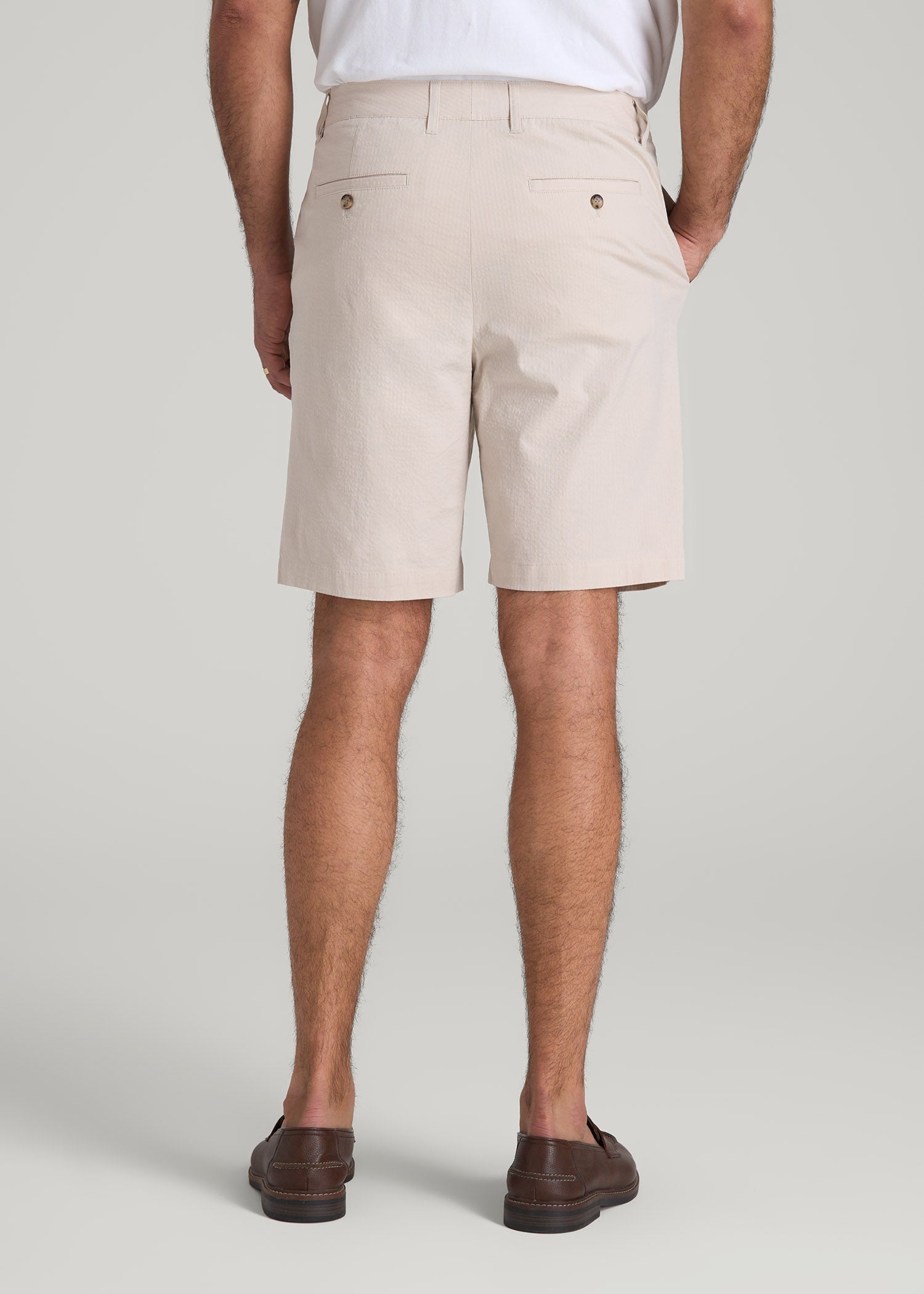 Seersucker Shorts for Tall Men in Soft Beige
