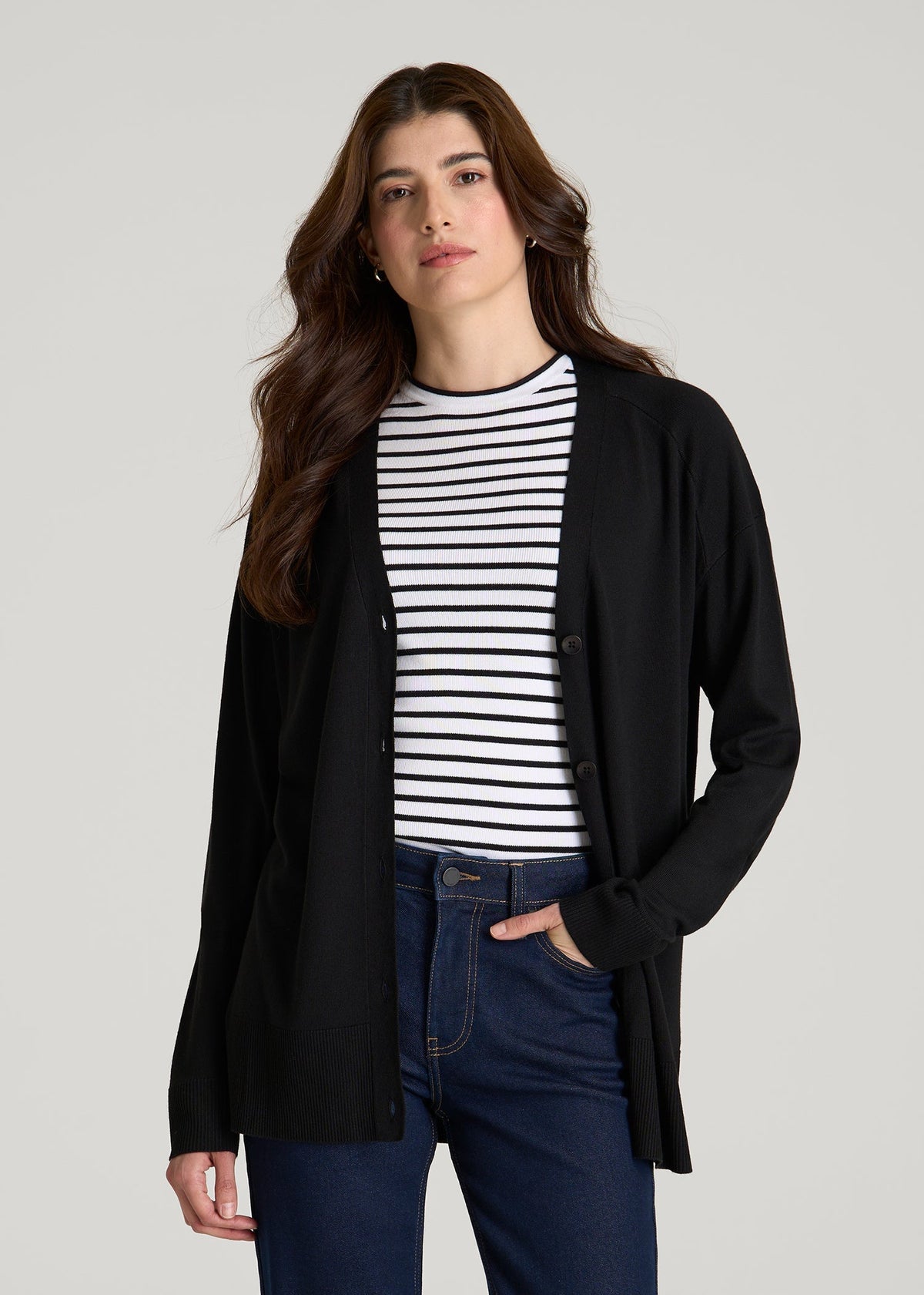 Linen Blend Knit Cardigan for Tall Women in Black