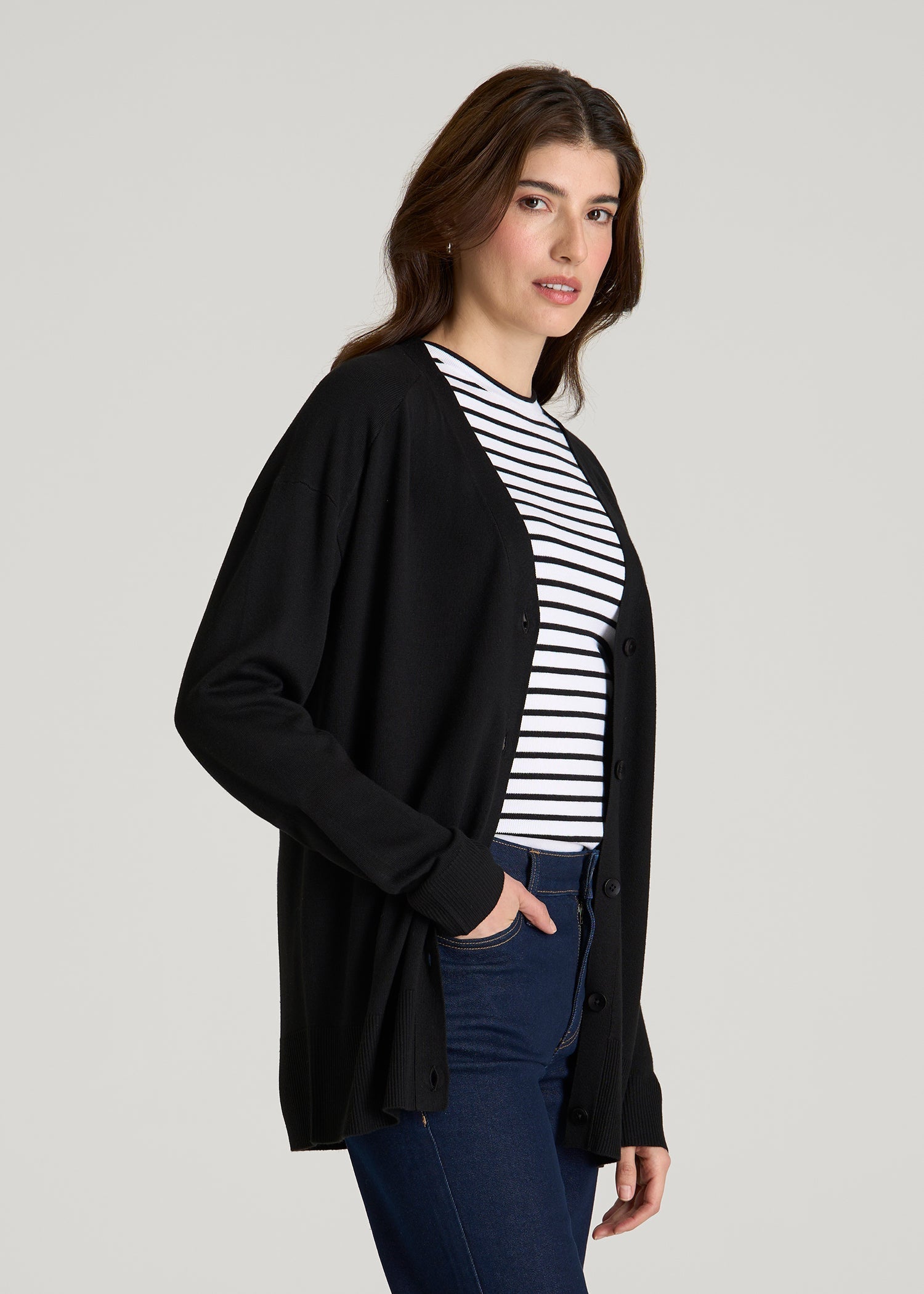 Linen Blend Knit Cardigan for Tall Women in Black