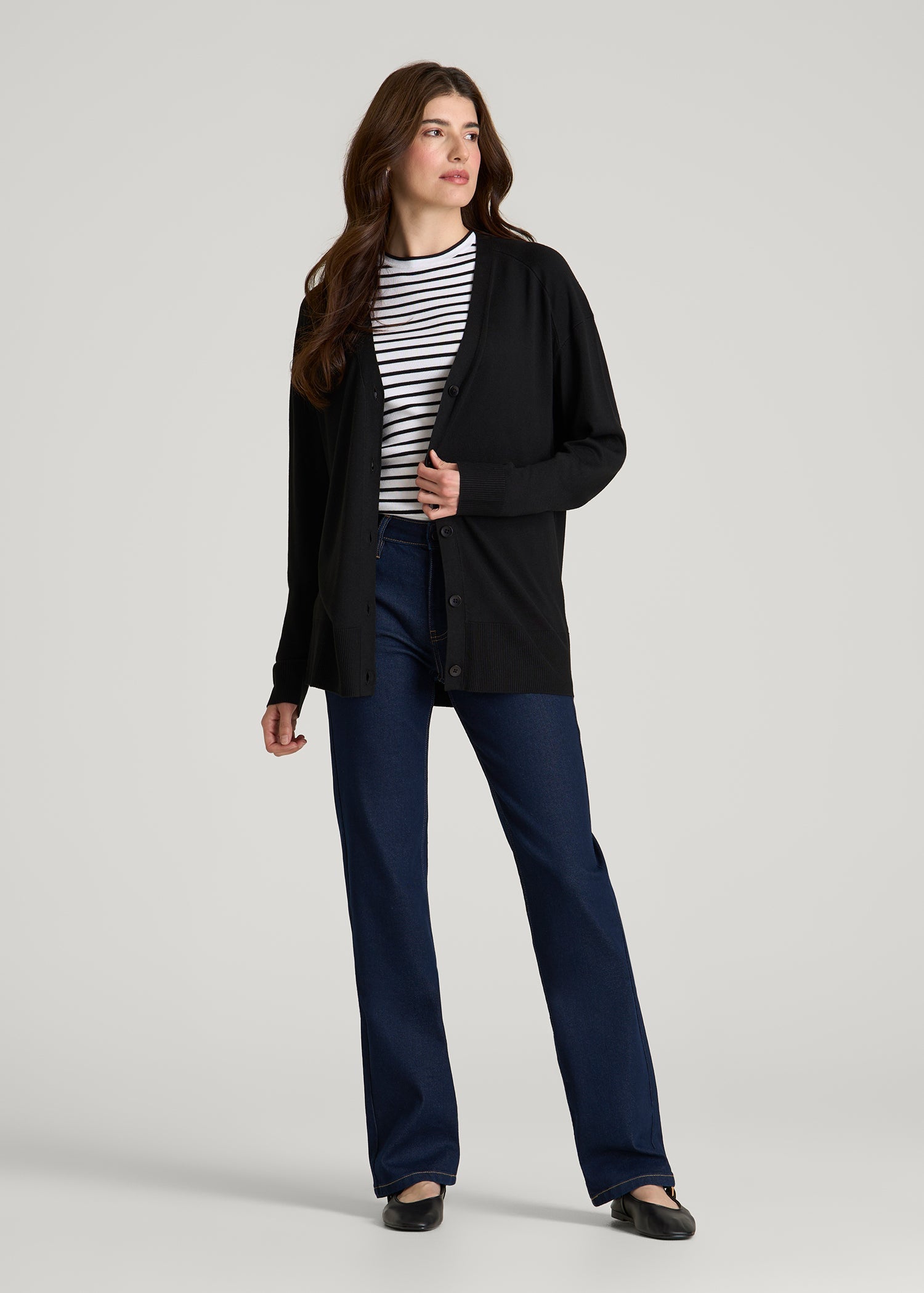 Linen Blend Knit Cardigan for Tall Women in Black