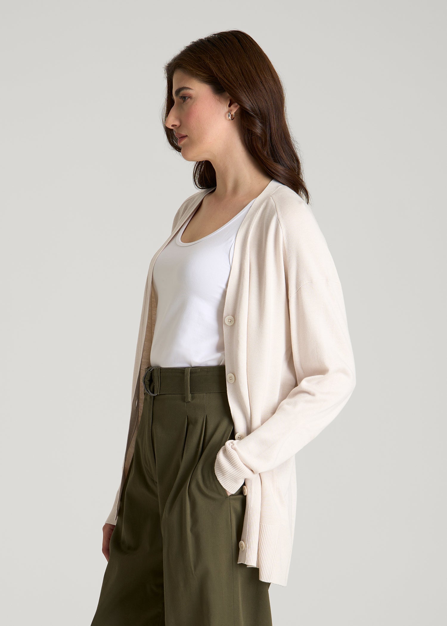 Linen Blend Knit Cardigan for Tall Women in White Sand