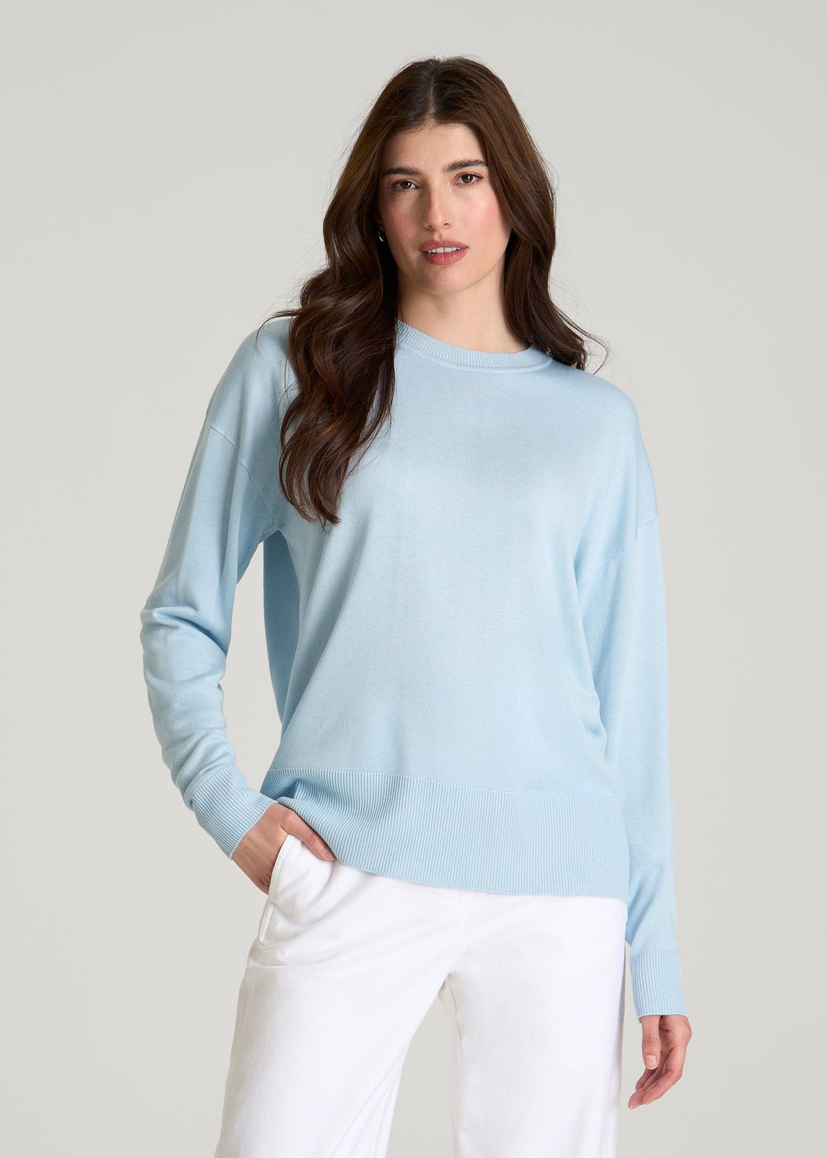 Linen Blend Knit Crewneck for Tall Women in Ice Blue
