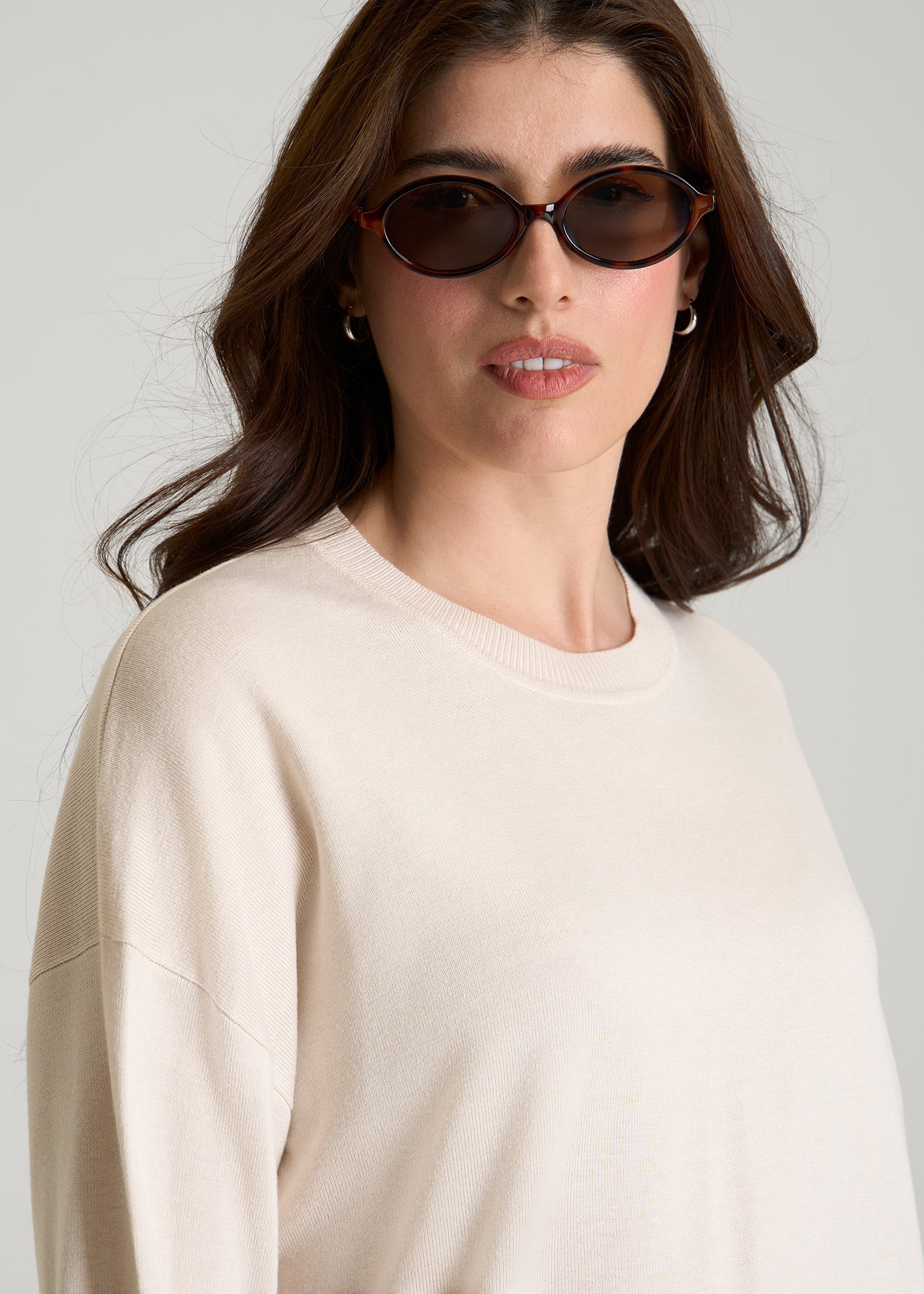 Linen Blend Knit Crewneck for Tall Women in White Sand