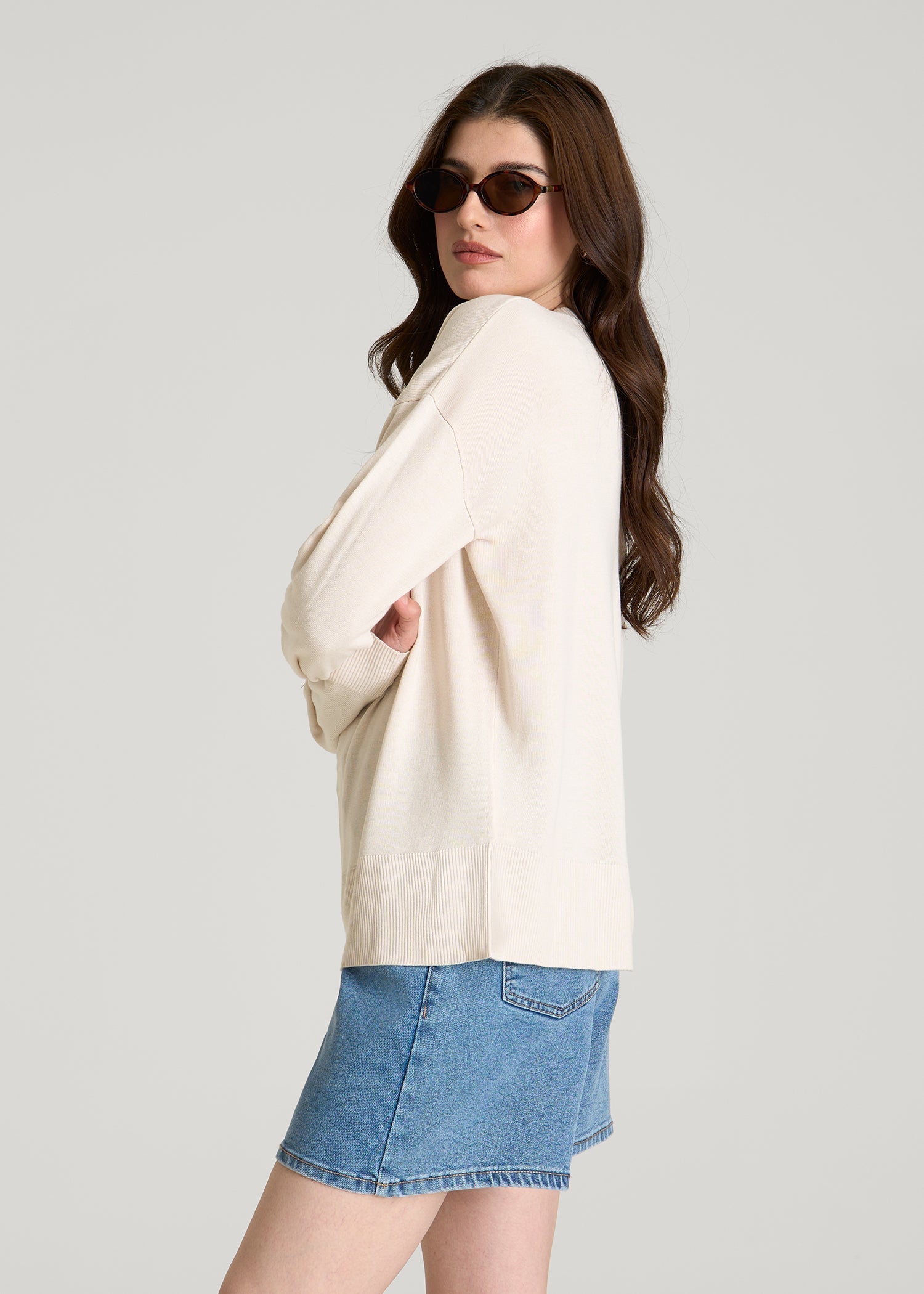 Linen Blend Knit Crewneck for Tall Women in White Sand