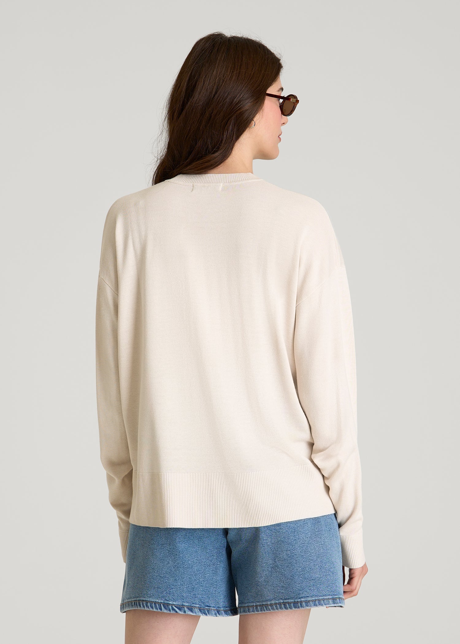 Linen Blend Knit Crewneck for Tall Women in White Sand