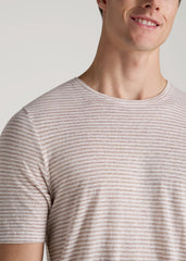 Linen Crewneck T-Shirt for Tall Men in Beige and White Stripe