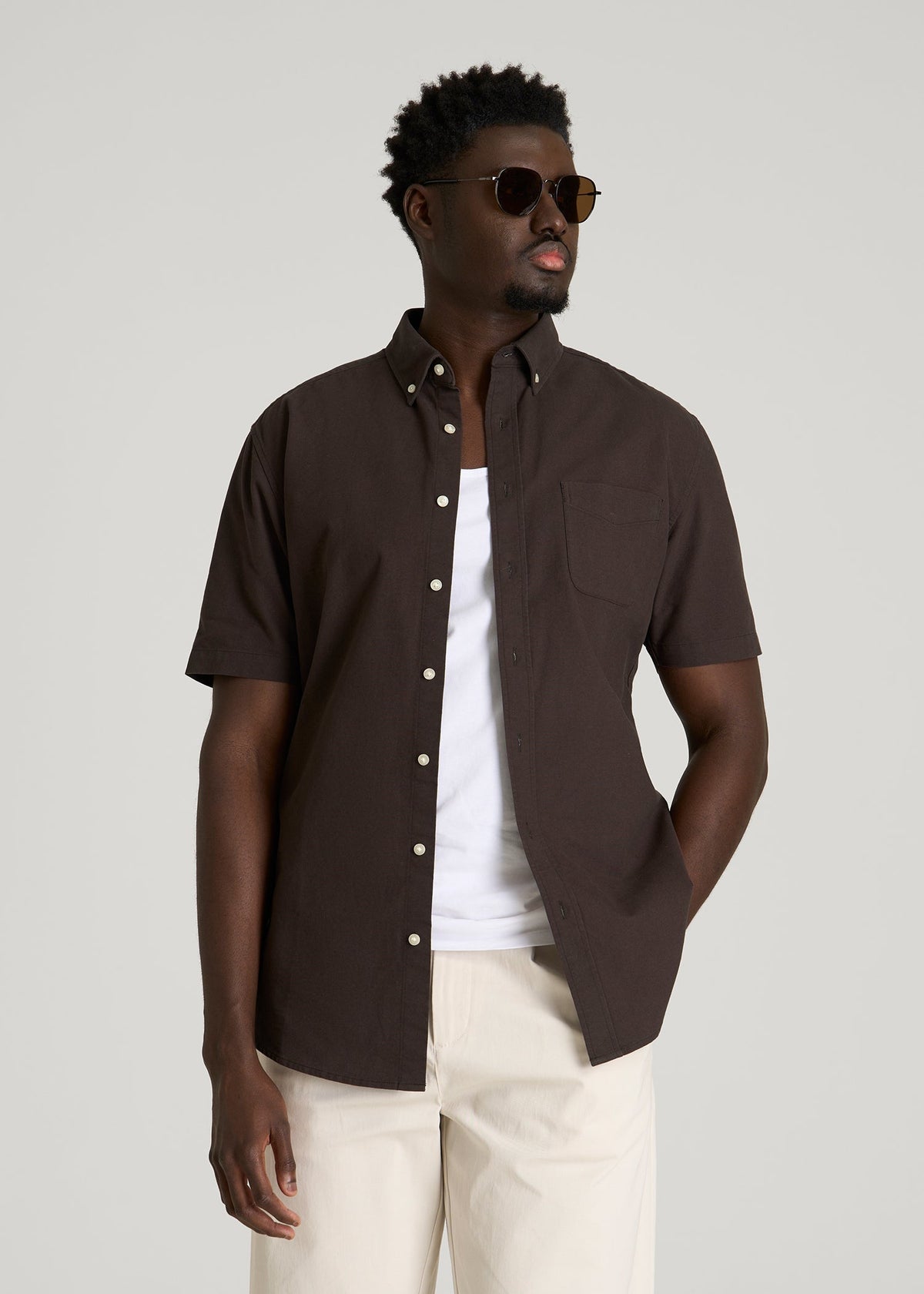 Short Sleeve Oxford Button Shirt for Tall Men in Espresso