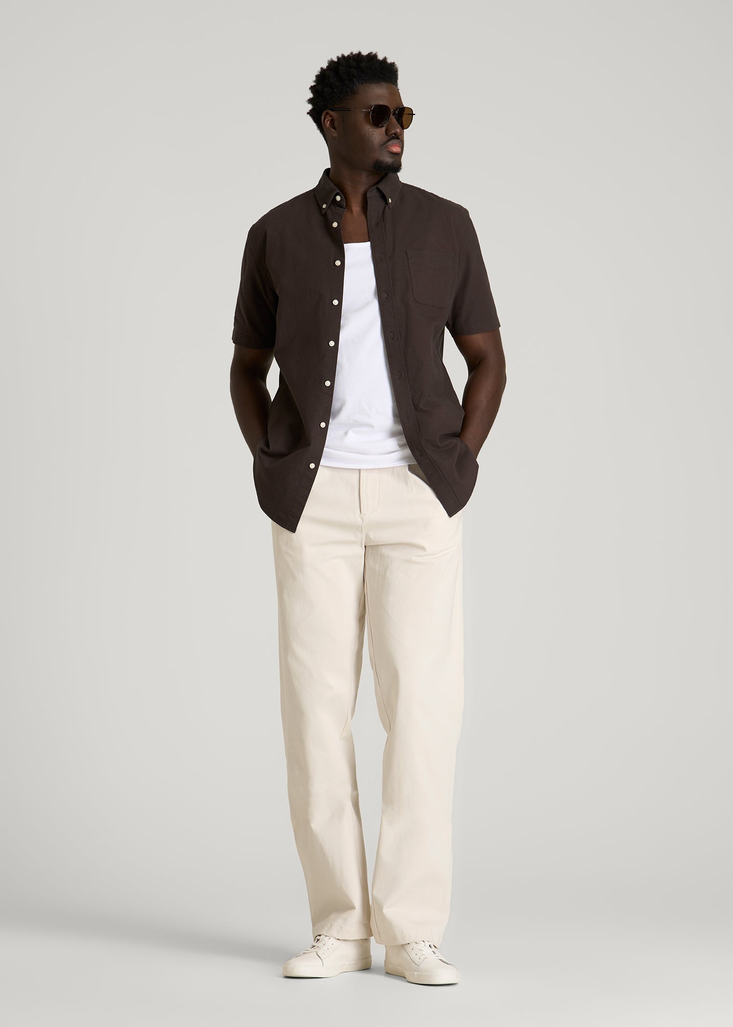 Short Sleeve Oxford Button Shirt for Tall Men in Espresso