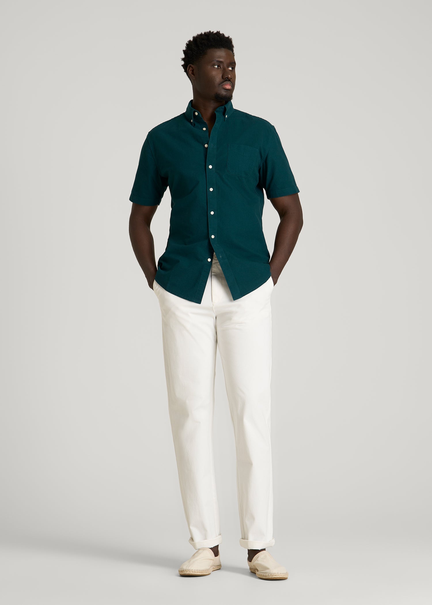 Short Sleeve Oxford Button Shirt for Tall Men in Deep Teal