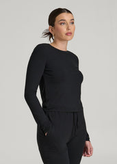 Lightweight Ribbed Cropped Lounge Shirt for Tall Women in Black