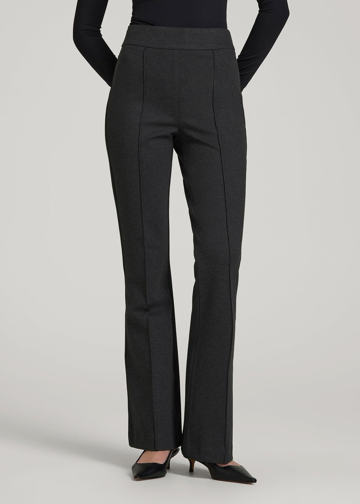 Soft Flex Ponte Pull On Flare Pants for Tall Women in Dark Charcoal Heather