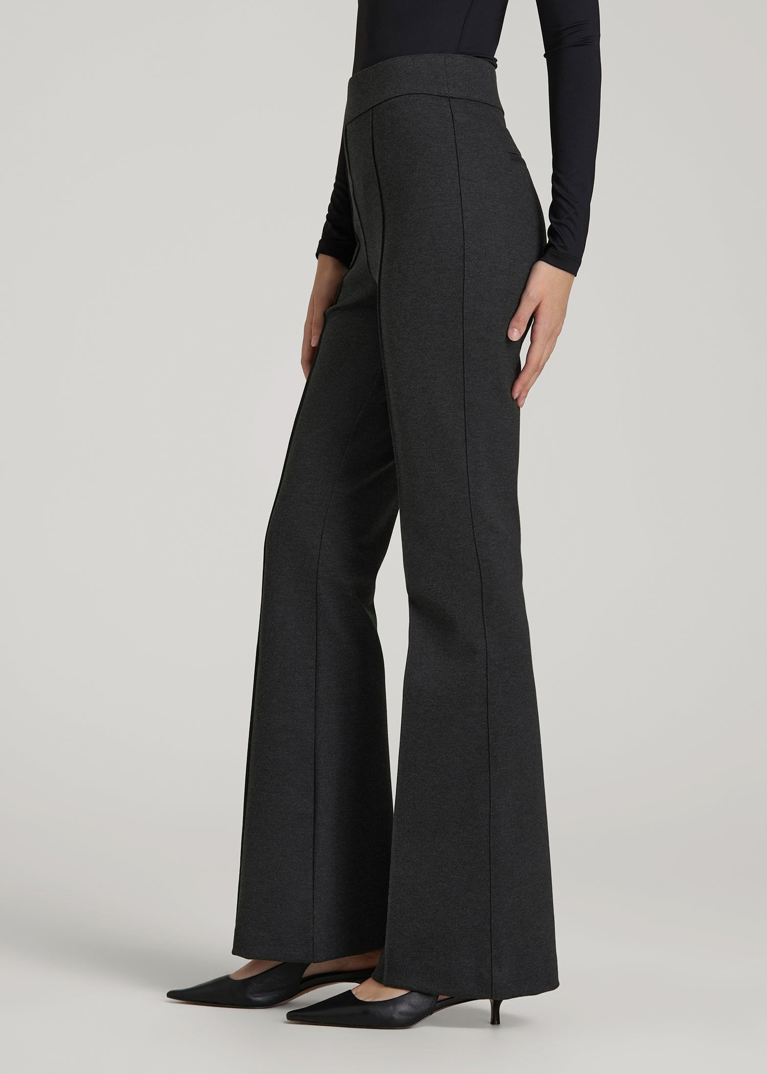 Soft Flex Ponte Pull On Flare Pants for Tall Women in Dark Charcoal Heather