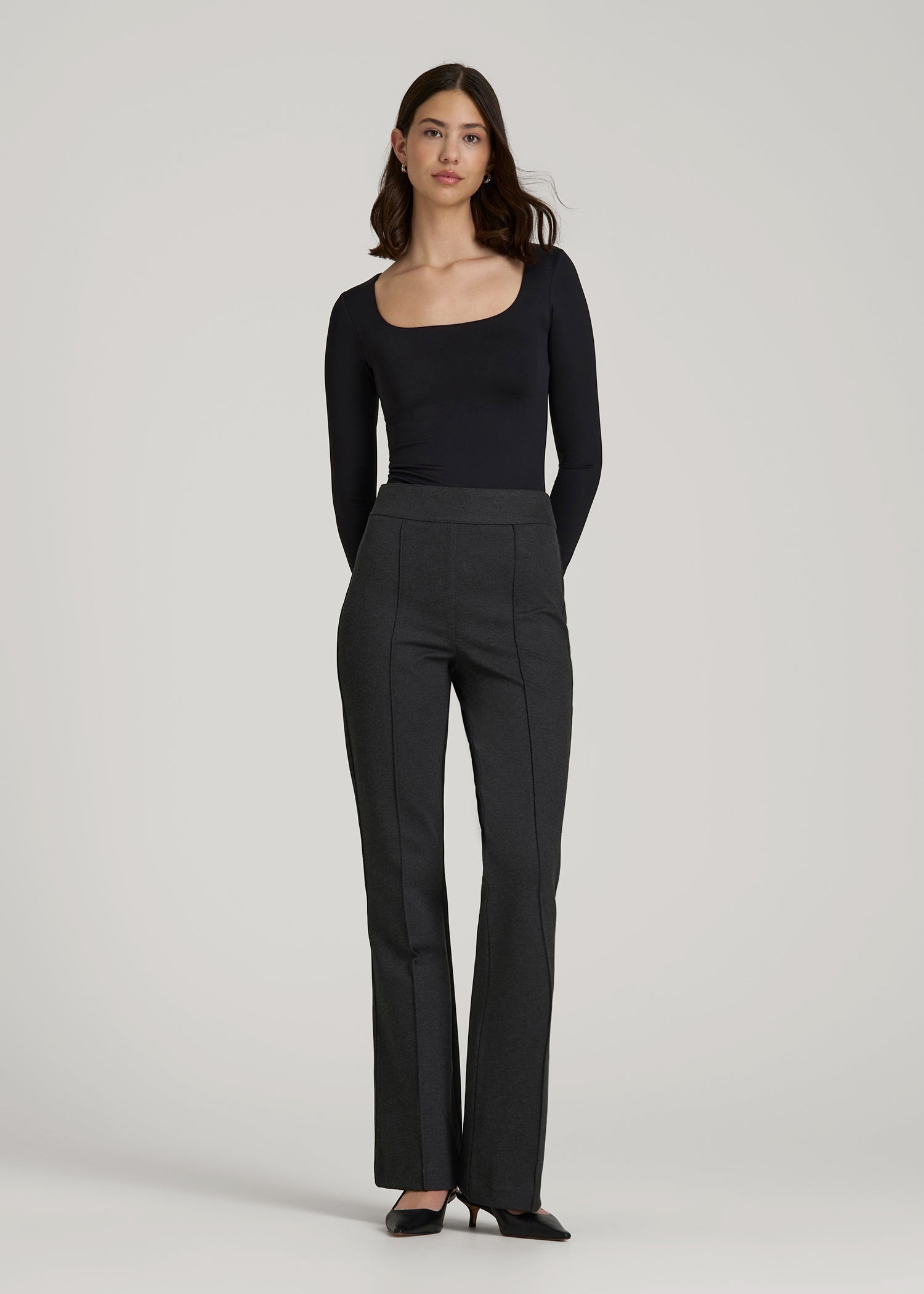 Soft Flex Ponte Pull On Flare Pants for Tall Women in Dark Charcoal Heather