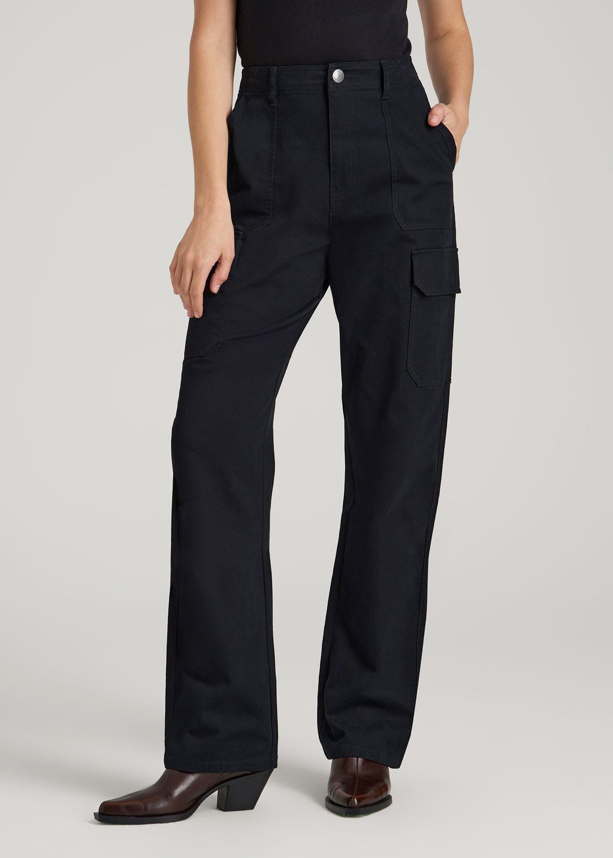 Straight Leg Cargo Chino Pants for Tall Women in Black