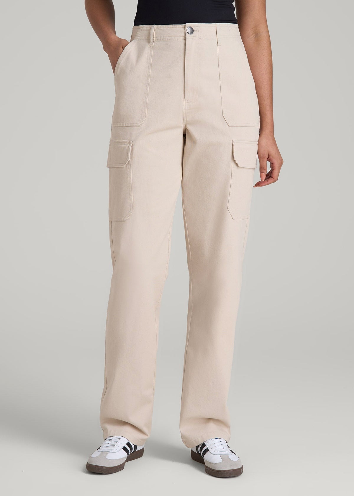 Straight Leg Cargo Chino Pants for Tall Women in Soft Beige