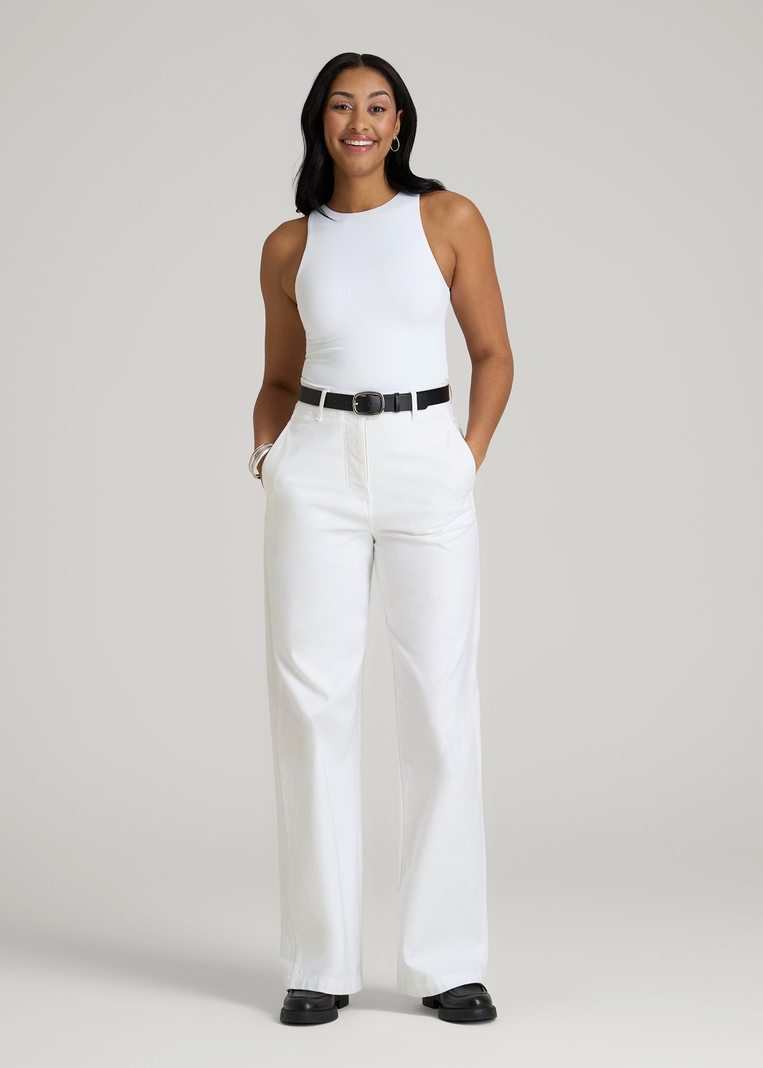 High Rise Wide Leg Flat Front Chinos for Tall Women in White