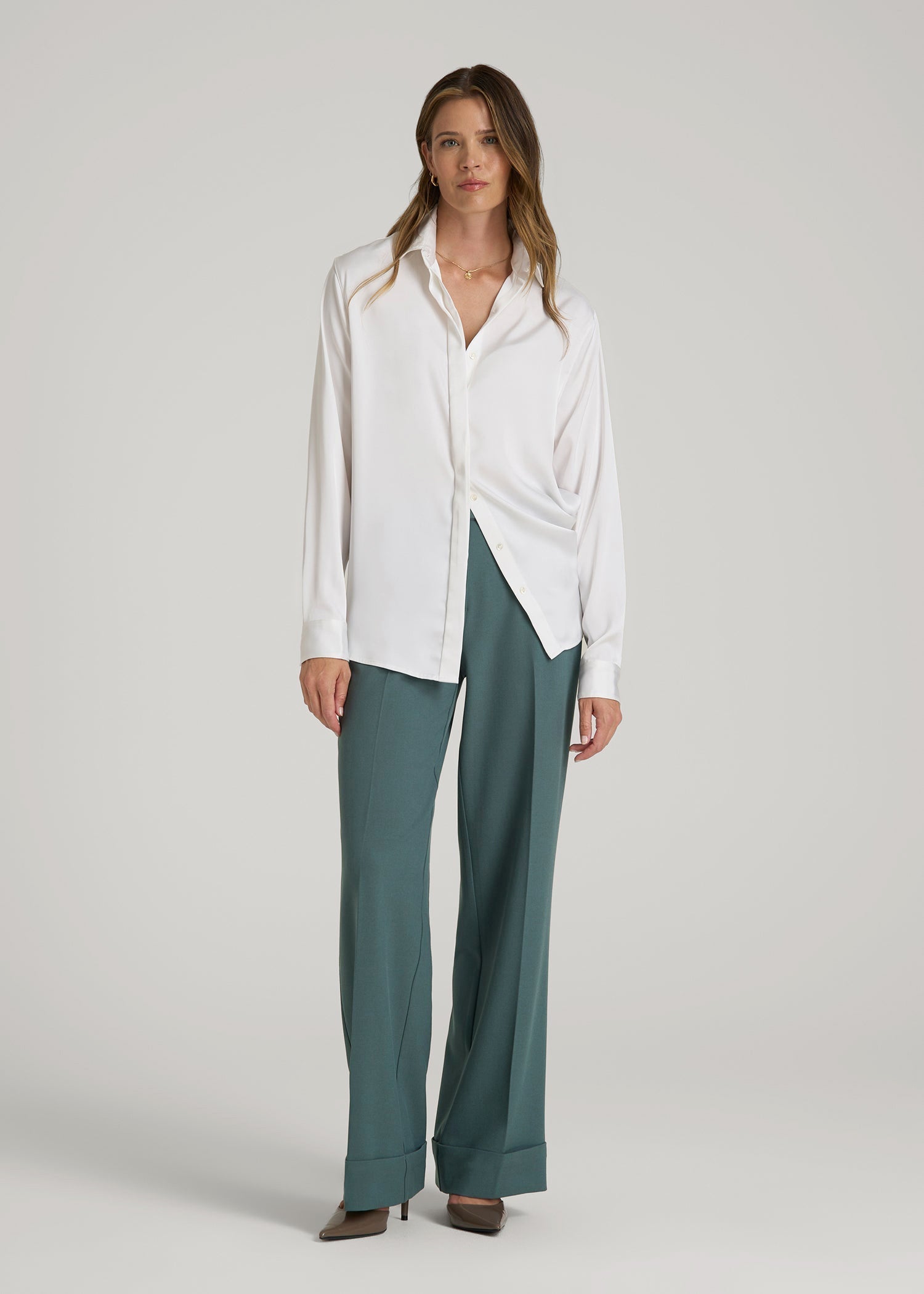 Wide-Leg Cuffed Pants for Tall Women in Balsam Green