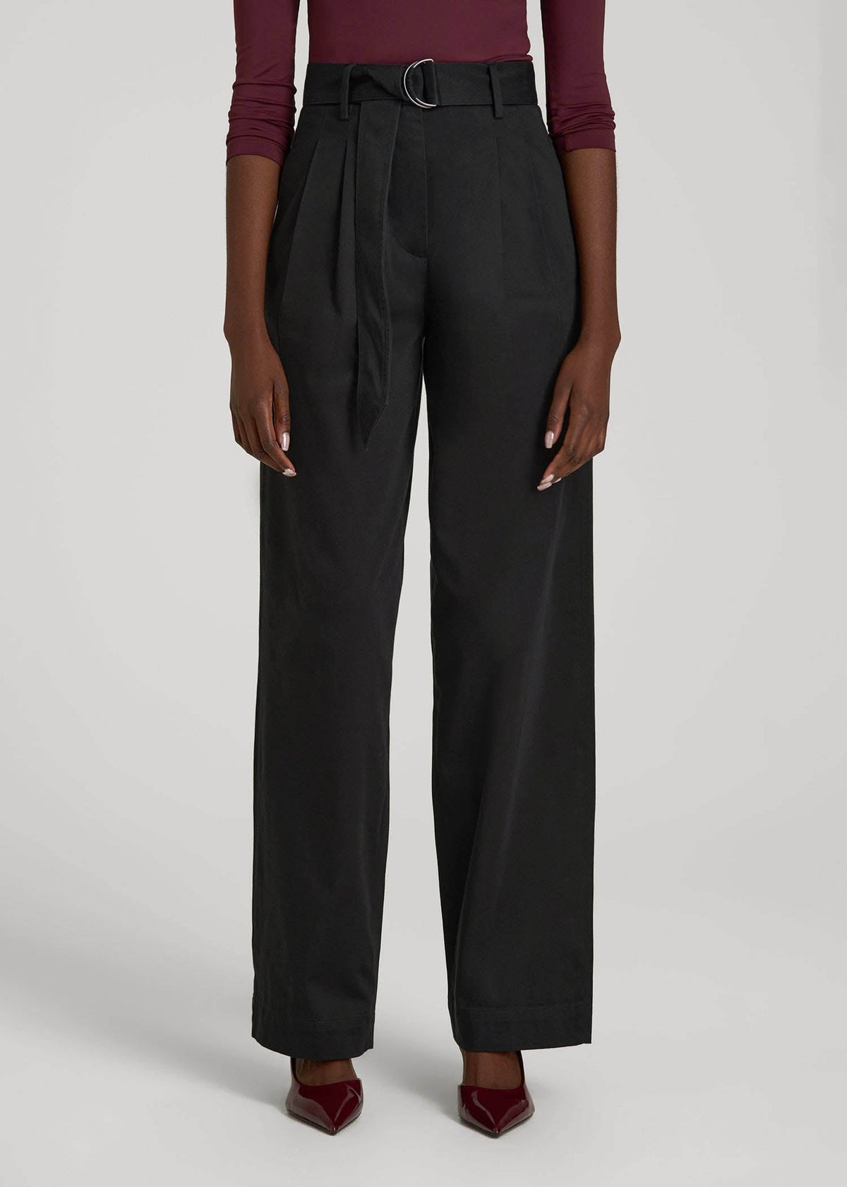 Pleated Wide Leg Chino With Belt for Tall Women in Deep Black