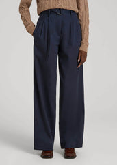 Pleated Wide Leg Chino With Belt for Tall Women in True Navy