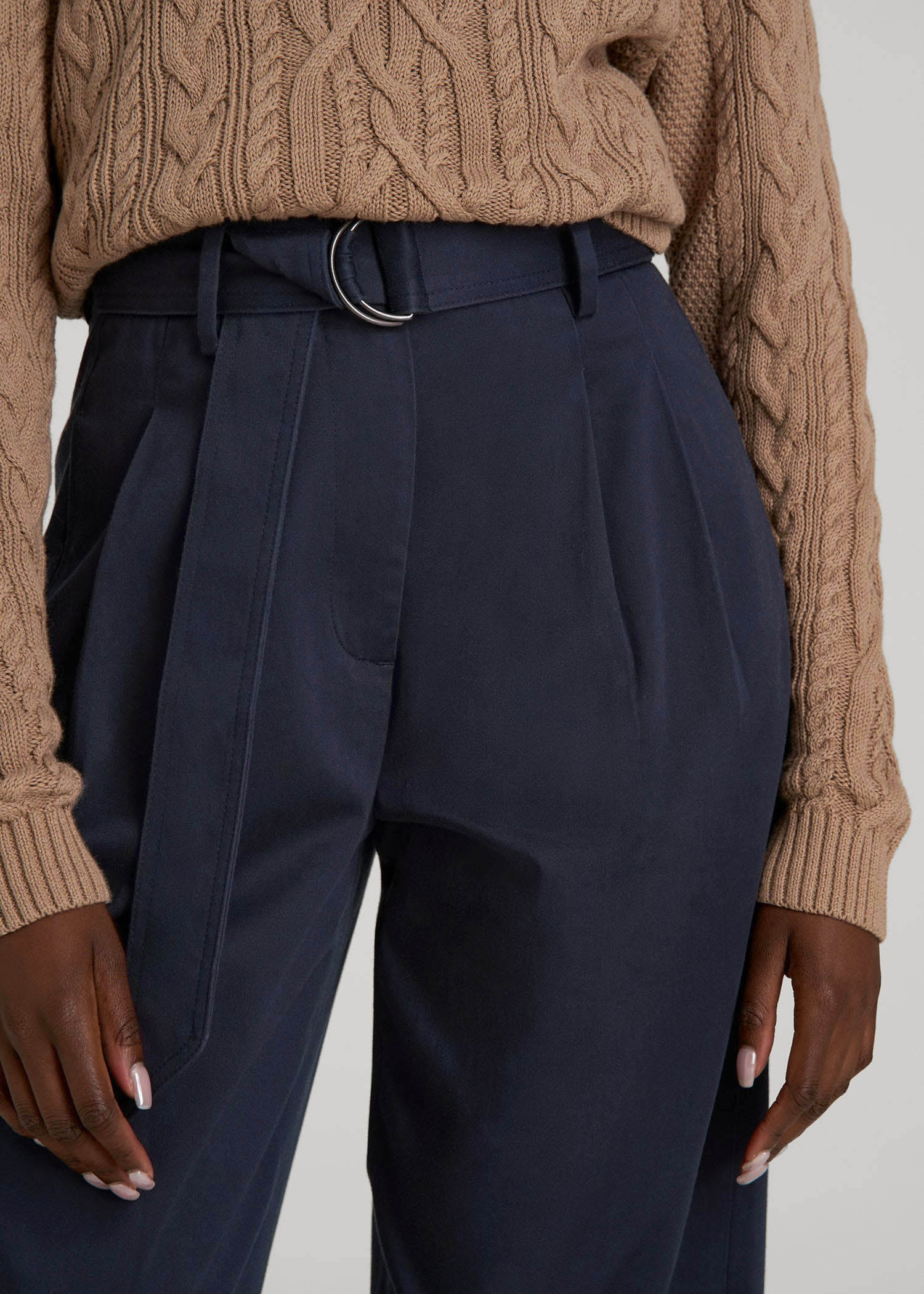 Pleated Wide Leg Chino With Belt for Tall Women in True Navy