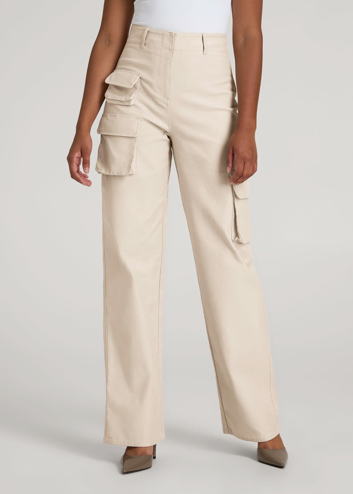 High-Waist Flat Front Cargo Pants for Tall Women in Stone