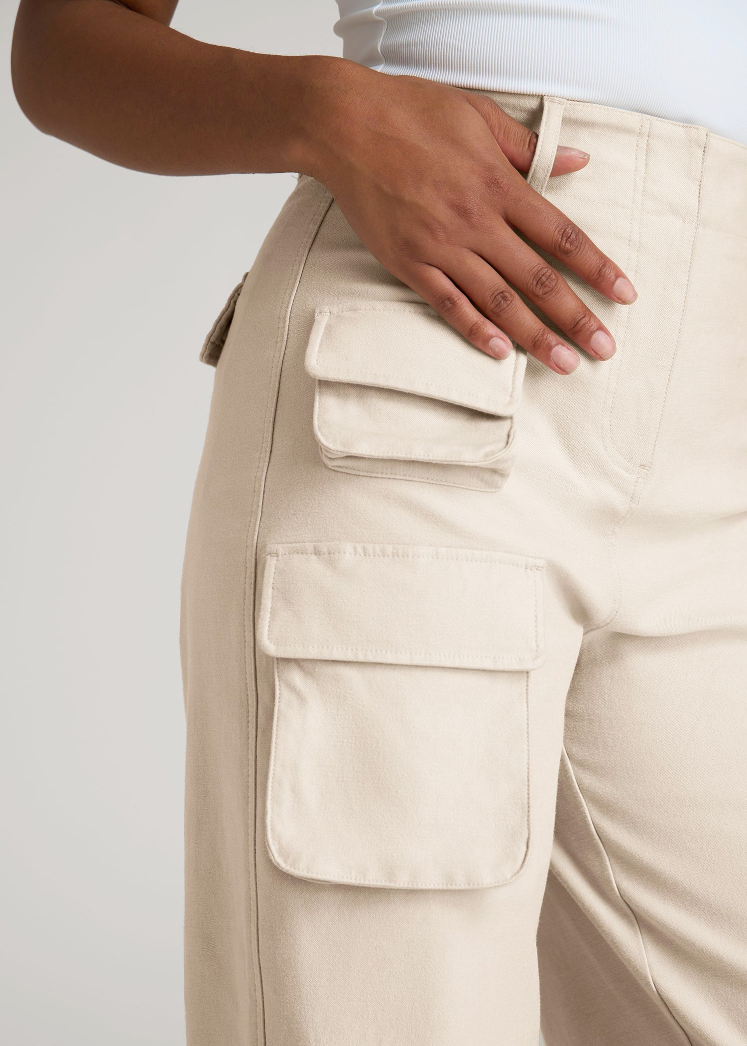 High-Waist Flat Front Cargo Pants for Tall Women in Stone