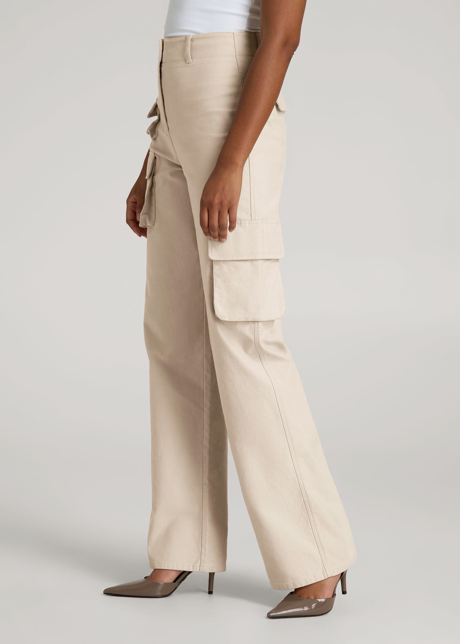 High-Waist Flat Front Cargo Pants for Tall Women in Stone