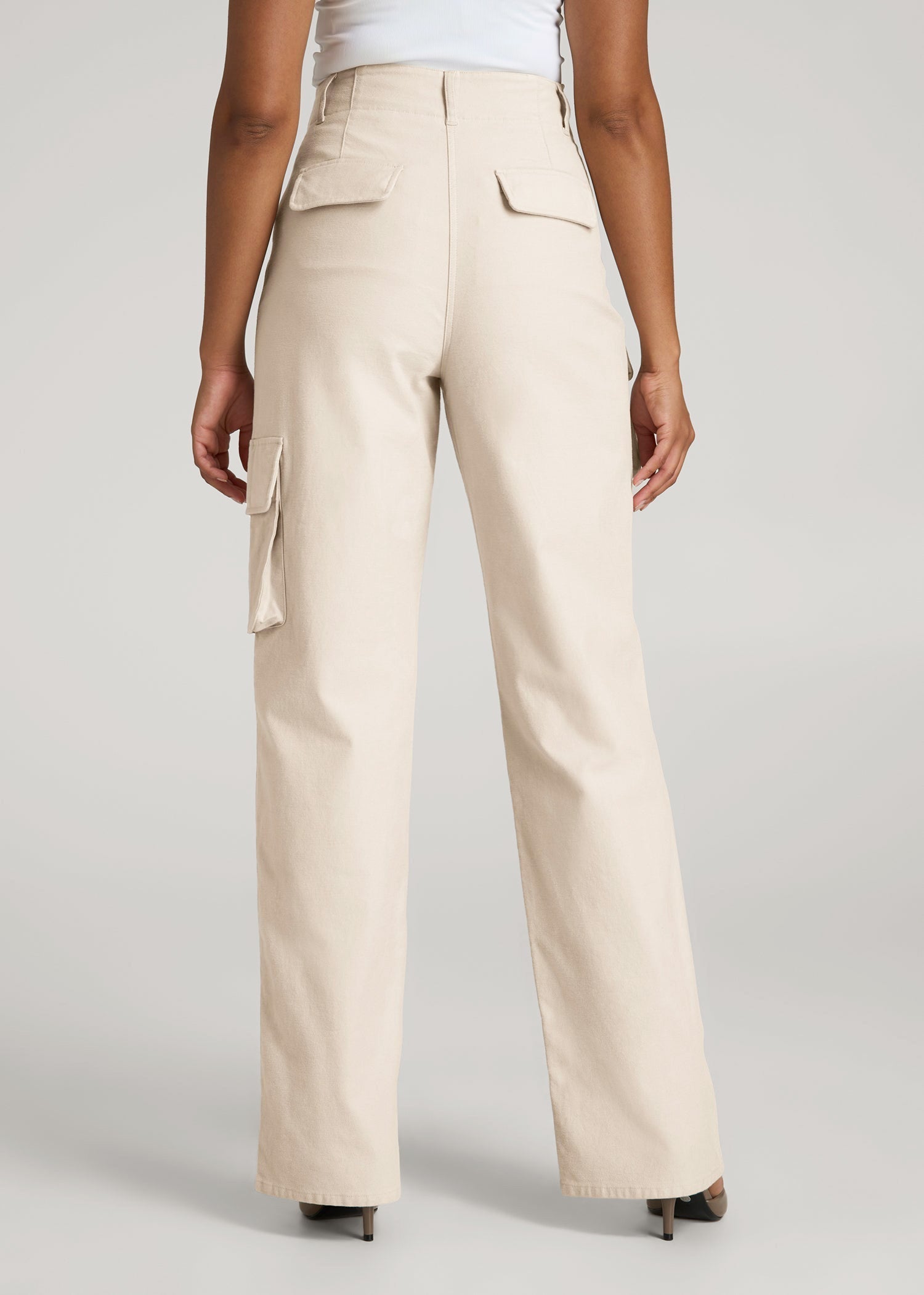 High-Waist Flat Front Cargo Pants for Tall Women in Stone