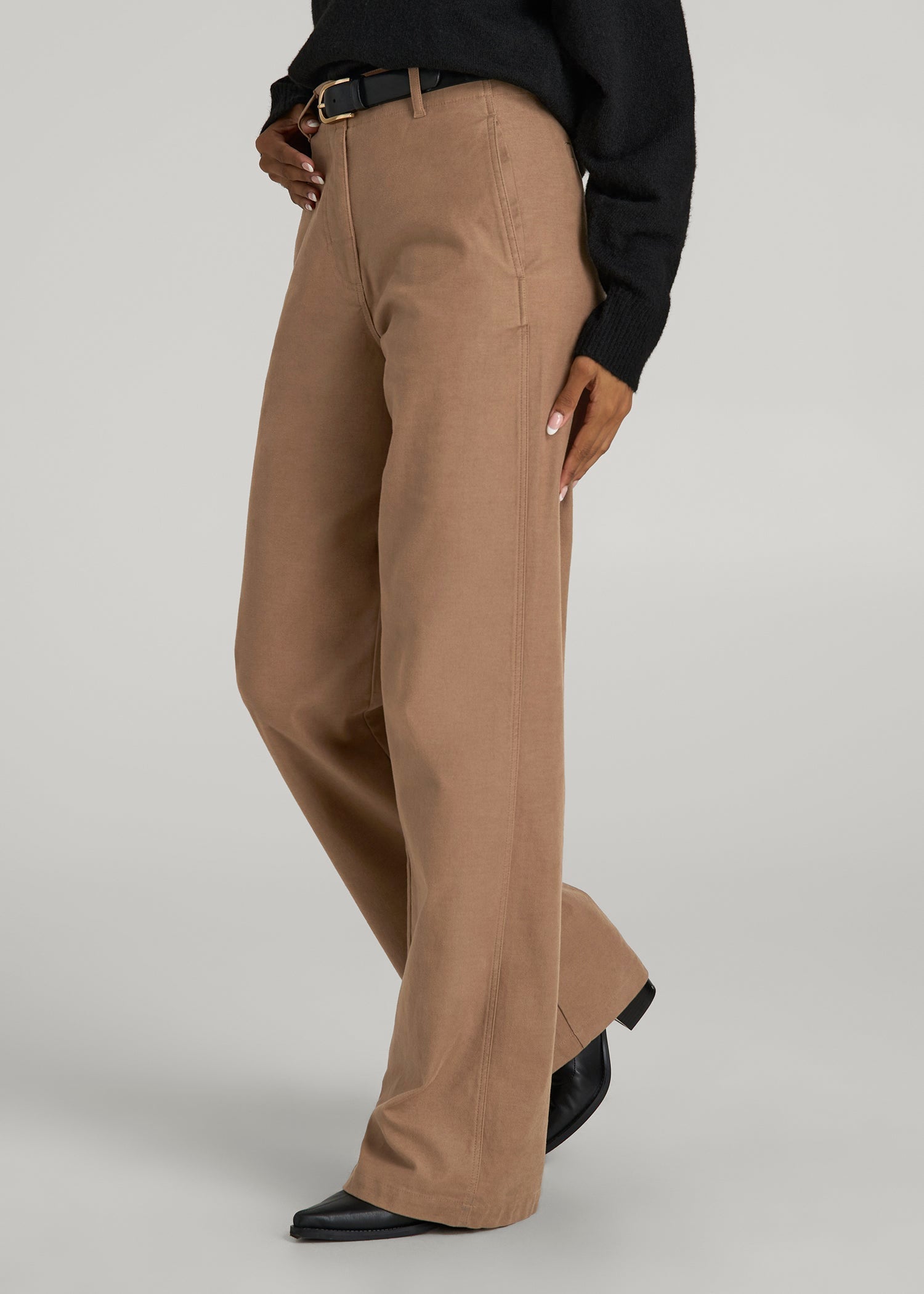 High Rise Wide Leg Flat Front Chinos for Tall Women in Fawn