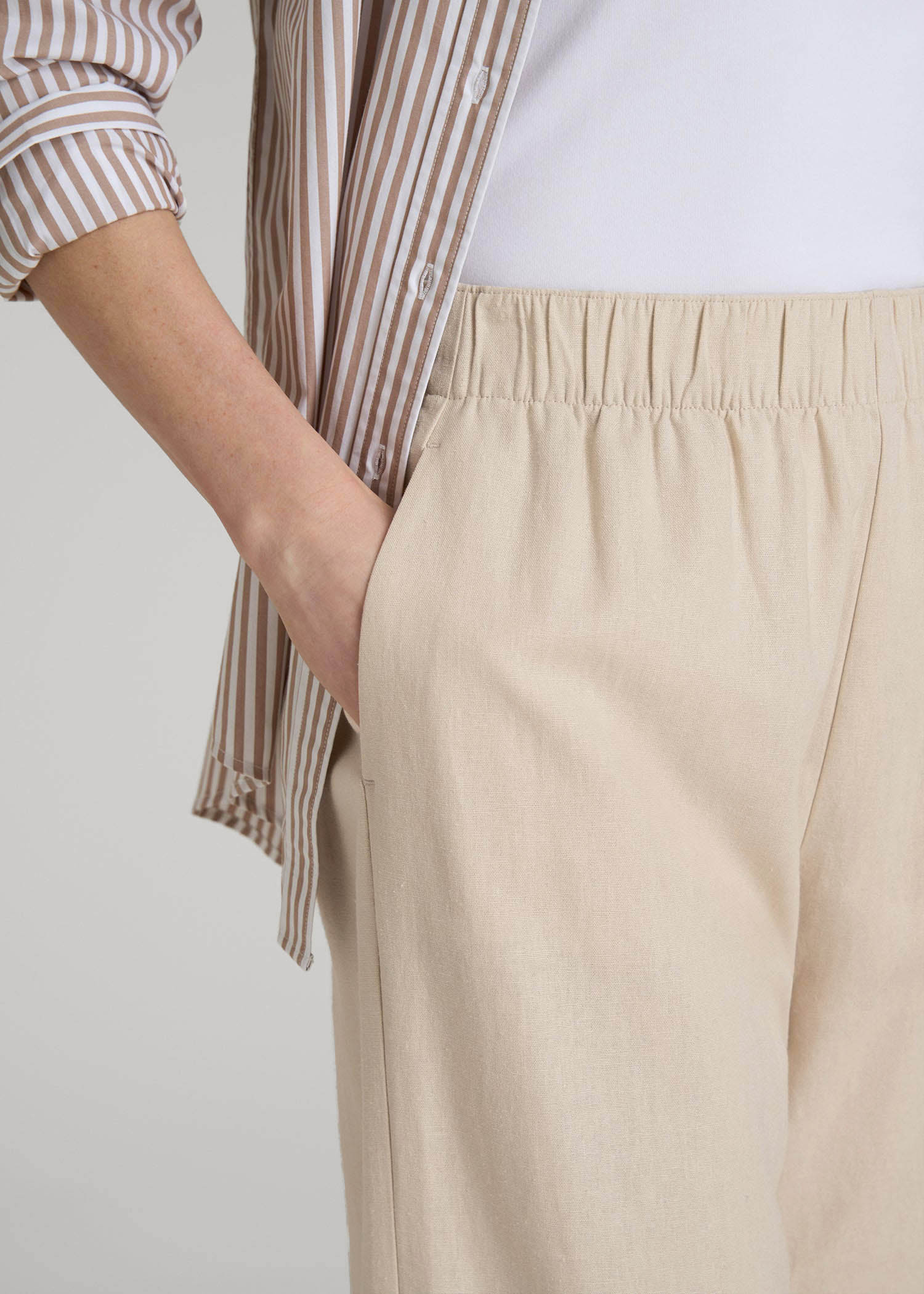 Pull On Wide Leg Linen Pants for Tall Women in Light Stone