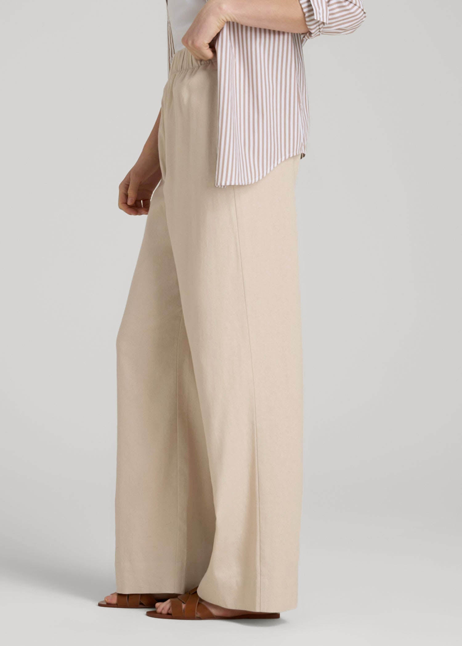 Pull On Wide Leg Linen Pants for Tall Women in Light Stone