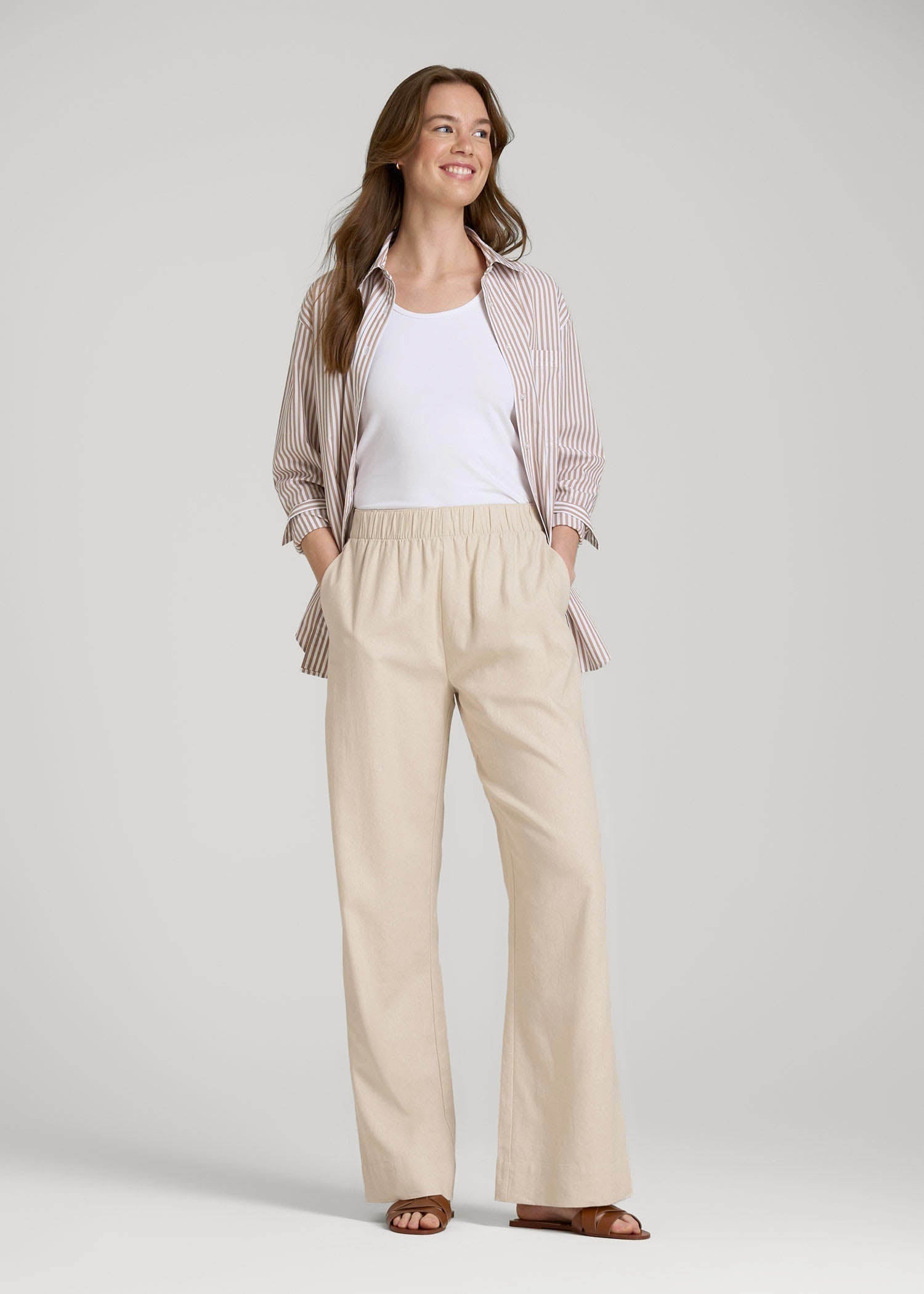 Pull On Wide Leg Linen Pants for Tall Women in Light Stone