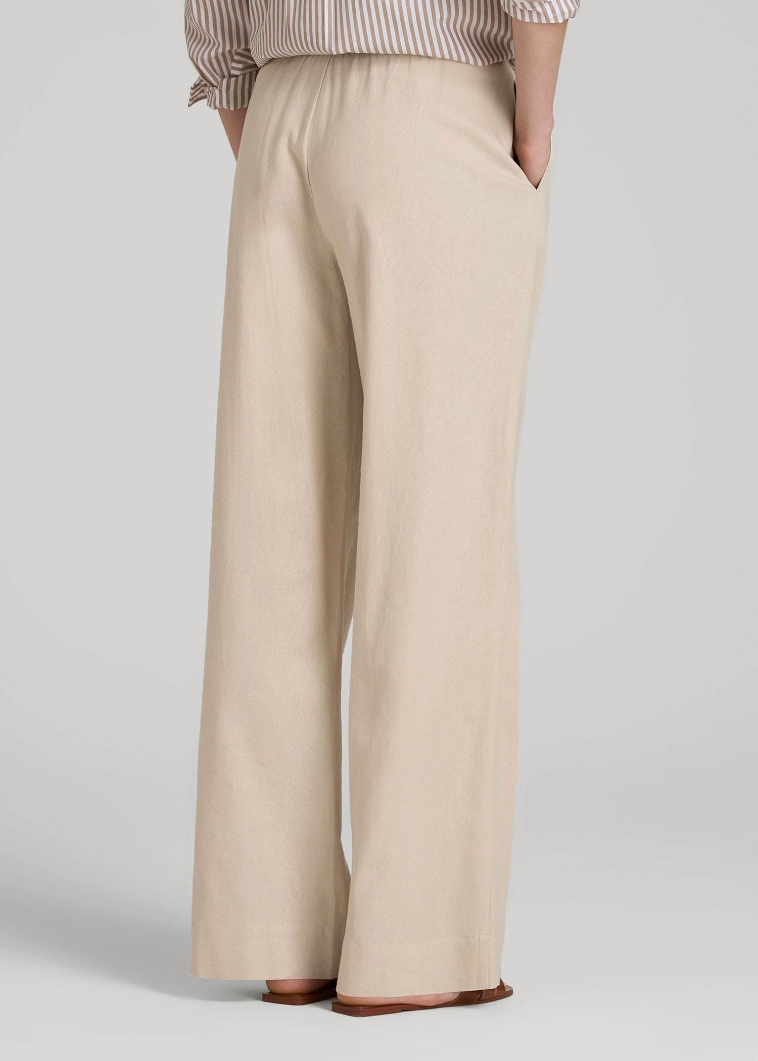Pull On Wide Leg Linen Pants for Tall Women in Light Stone